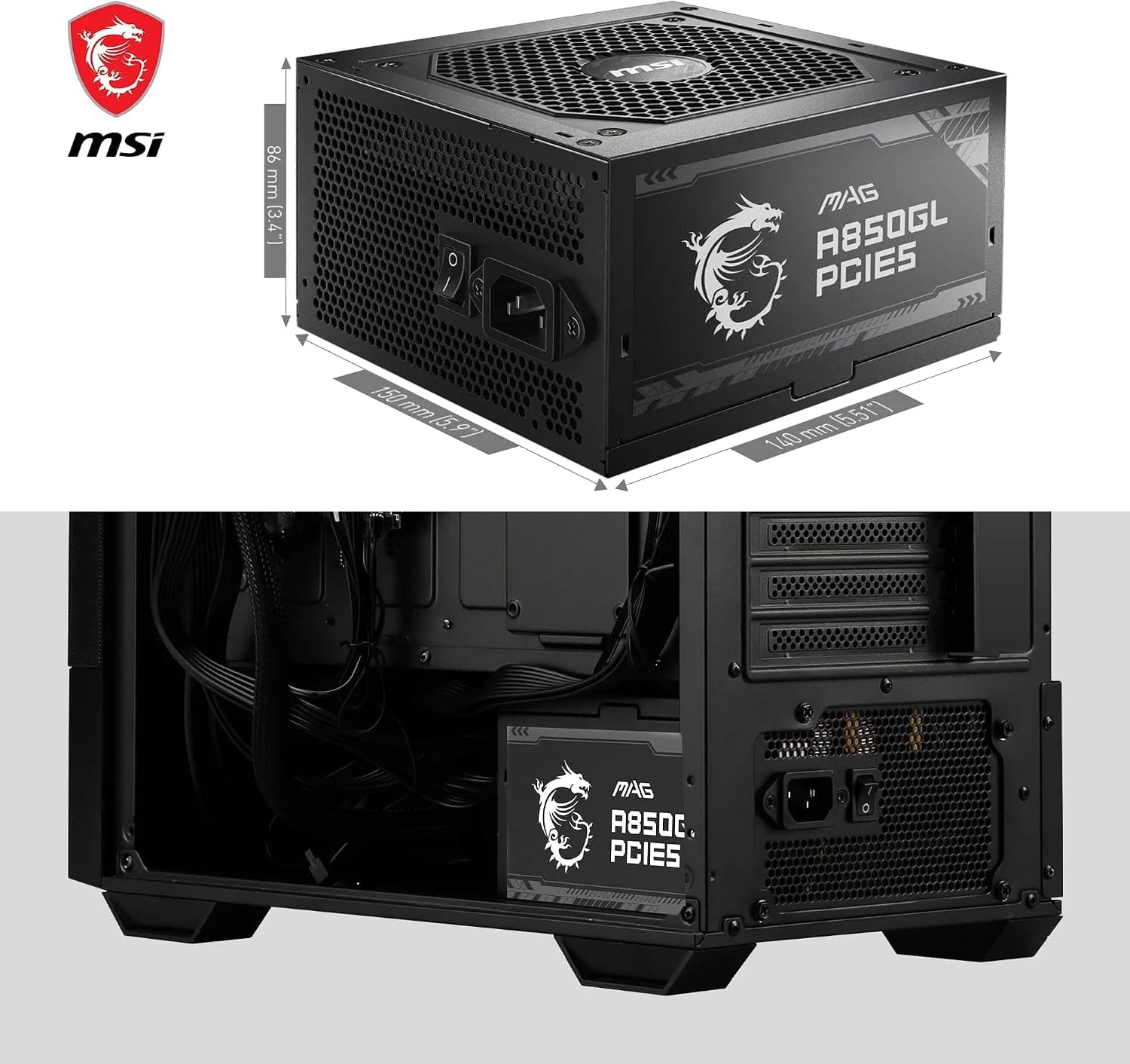 منبع تغذیه گیمینگ MSI تمامماژولار مشکی مدل MAG A850GL PCIe5 850W 80+ Gold منبع تغذیه گیمینگ MSI تمامماژولار مشکی مدل MAG A850GL PCIe5 850W 80+ Gold