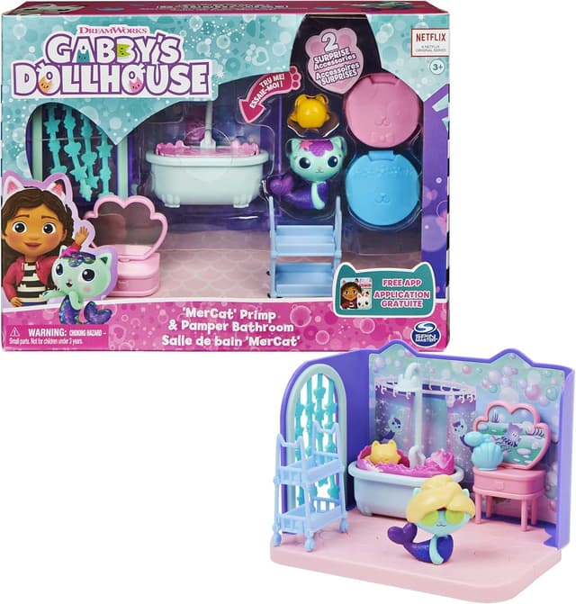 ست حمام اسباببازی کودکان DREAMWORKS GABBY'S DOLLHOUSE با فیگور MerCat، 3 لوازم جانبی، 3 مبلمان و 2 بسته تحویلی، چندرنگ ست حمام اسباببازی کودکان DREAMWORKS GABBY'S DOLLHOUSE با فیگور MerCat، 3 لوازم جانبی، 3 مبلمان و 2 بسته تحویلی، چندرنگ