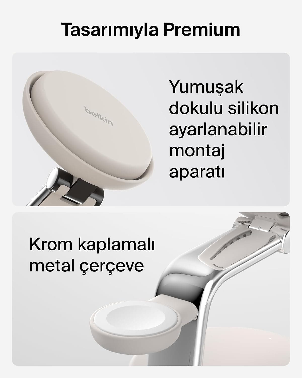 پایه شارژ بیسیم 3 در 1 Belkin سازگار با MagSafe و Qi2، 25W، مدل UltraCharge Pro، رنگ شنی پایه شارژ بیسیم 3 در 1 Belkin سازگار با MagSafe و Qi2، 25W، مدل UltraCharge Pro، رنگ شنی