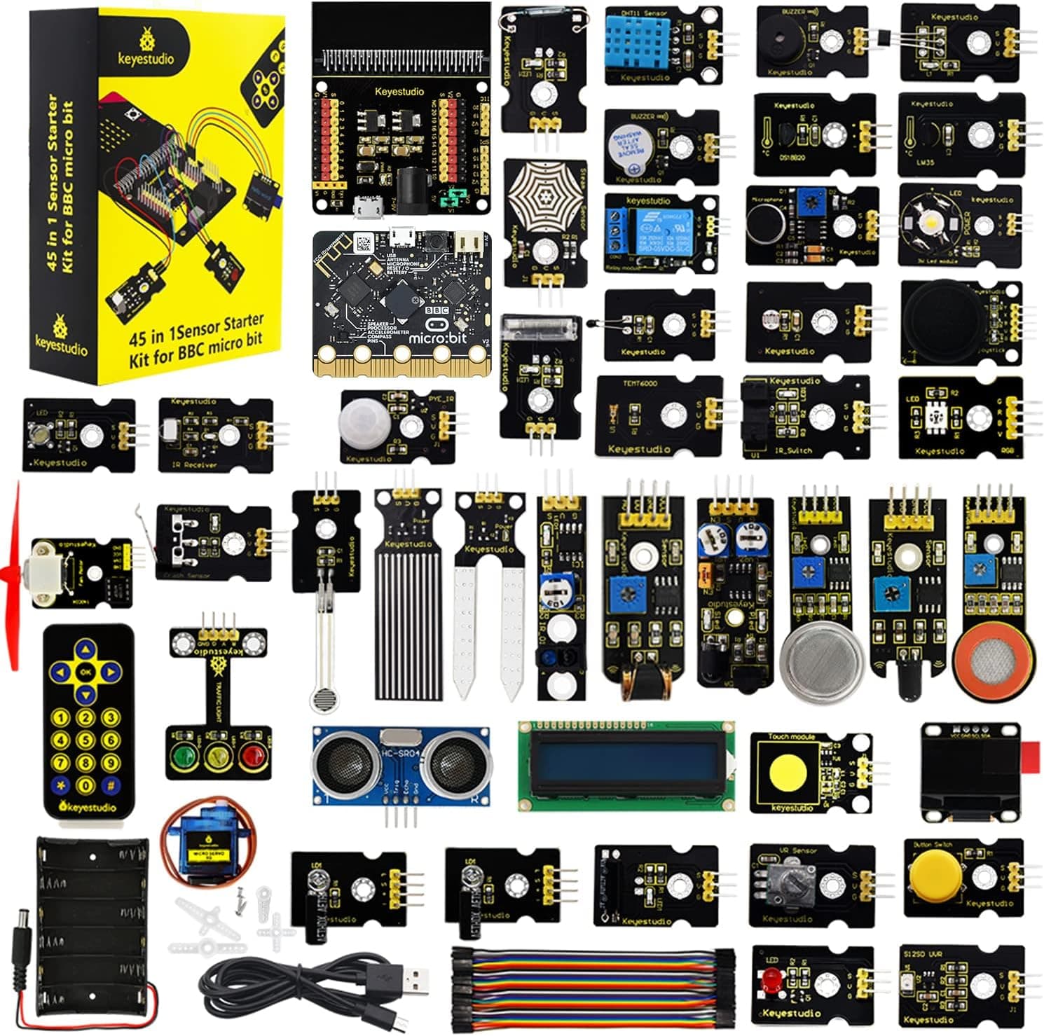 کیت آموزشی 45 سنسوره KEYESTUDIO همراه Micro:bit V2.2، نمایشگرهای i2c LCD و OLED، سنسور آب و رله 5v کیت آموزشی 45 سنسوره KEYESTUDIO همراه Micro:bit V2.2، نمایشگرهای i2c LCD و OLED، سنسور آب و رله 5v