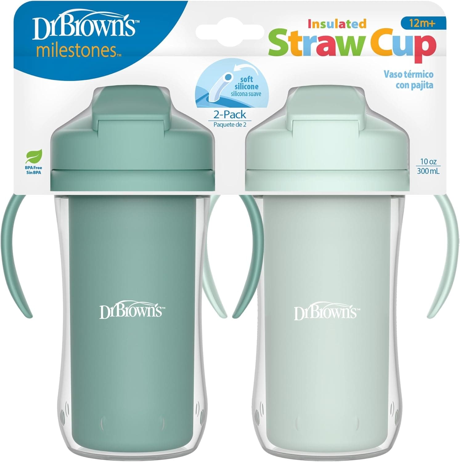 لیوان آبخوری Dr. Brown's مدل Milestones عایقدار با نی سبز 2-Pack 300 mL بدون BPA لیوان آبخوری Dr. Brown's مدل Milestones عایقدار با نی سبز 2-Pack 300 mL بدون BPA