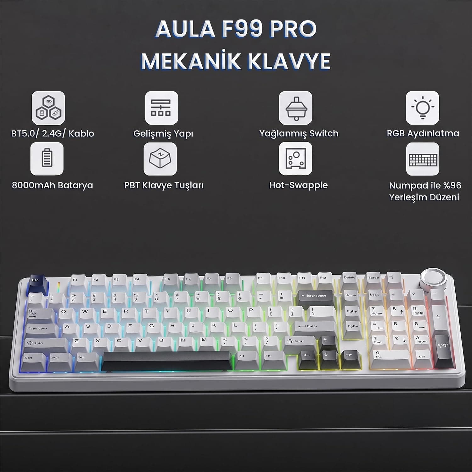 کیبورد مکانیکی AULA مدل F99 Pro بیسیم سه حالته RGB Hot Swap خاکستری کیبورد مکانیکی AULA مدل F99 Pro بیسیم سه حالته RGB Hot Swap خاکستری
