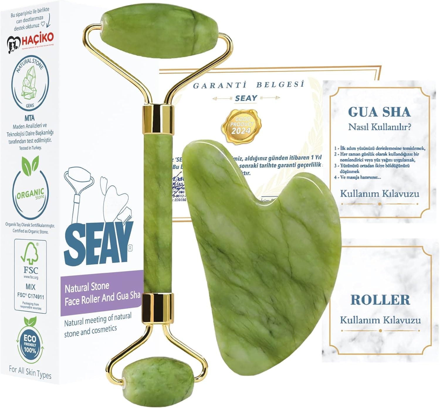 ست ماساژ صورت Seay غلتکی و Gua Sha قلبی از سنگ یشم طبیعی ست ماساژ صورت Seay غلتکی و Gua Sha قلبی از سنگ یشم طبیعی