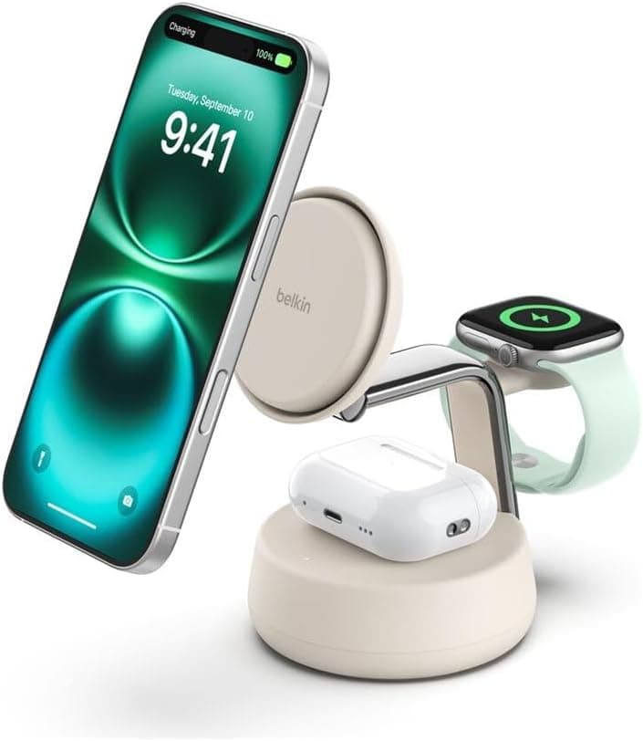 پایه شارژ بیسیم 3 در 1 Belkin سازگار با MagSafe و Qi2، 25W، مدل UltraCharge Pro، رنگ شنی پایه شارژ بیسیم 3 در 1 Belkin سازگار با MagSafe و Qi2، 25W، مدل UltraCharge Pro، رنگ شنی