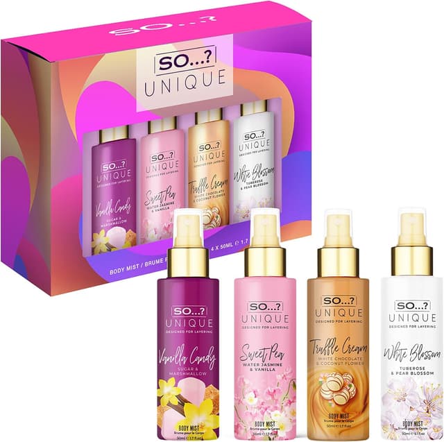 مجموعه بادی میست زنانه So…? با Vanilla Candy، Sweet Pea، Truffle Cream، Cashmere (4 x 50ml) مجموعه بادی میست زنانه So…? با Vanilla Candy، Sweet Pea، Truffle Cream، Cashmere (4 x 50ml)