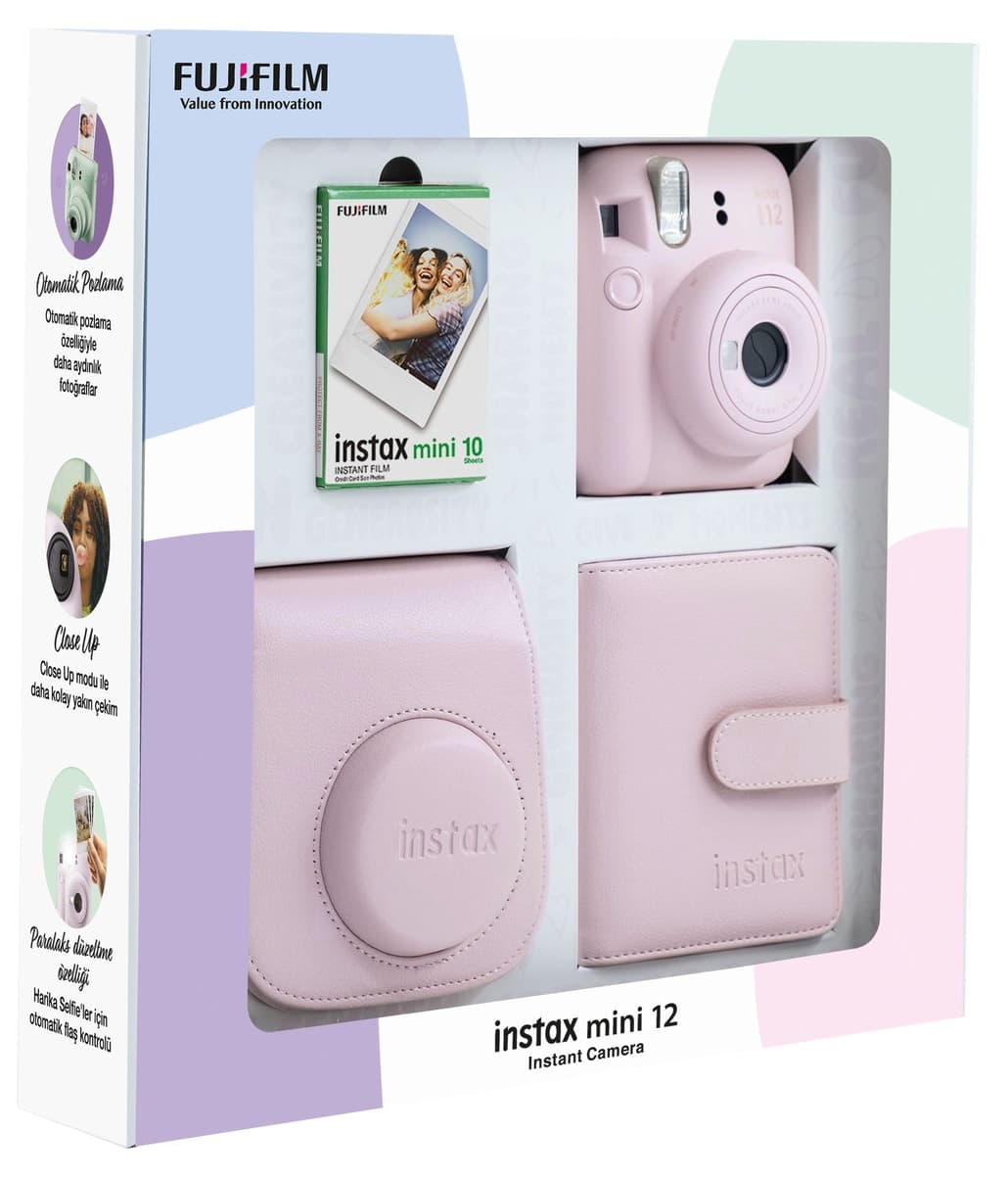 دوربین فوری Fujifilm Instax mini 12 صورتی با 10 فیلم، آلبوم مربعی، کیف چرمی دوربین فوری Fujifilm Instax mini 12 صورتی با 10 فیلم، آلبوم مربعی، کیف چرمی