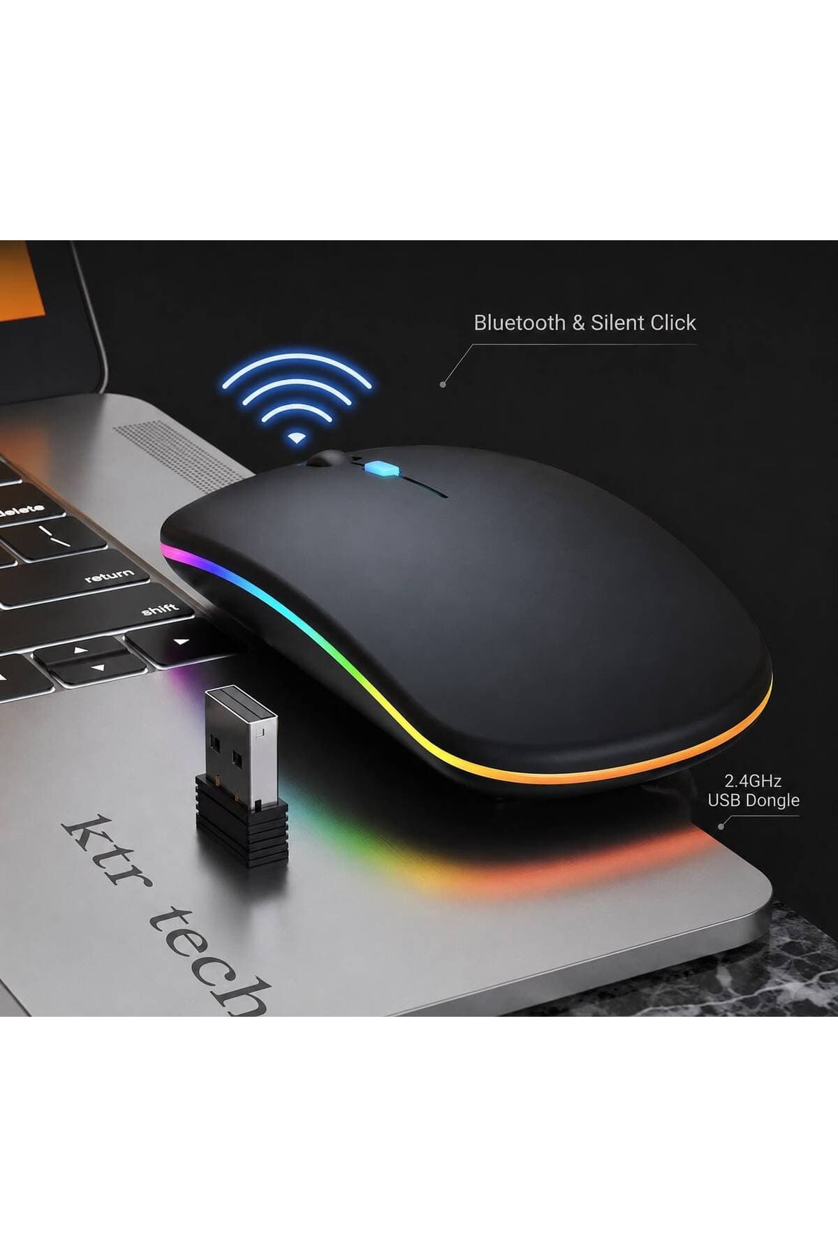 ماوس بیسیم شارژی بیصدا KTR TECH فوقباریک با نور LED RGB و USB 2.4GHz مشکی 800/1200/1600dpi ماوس بیسیم شارژی بیصدا KTR TECH فوقباریک با نور LED RGB و USB 2.4GHz مشکی 800/1200/1600dpi