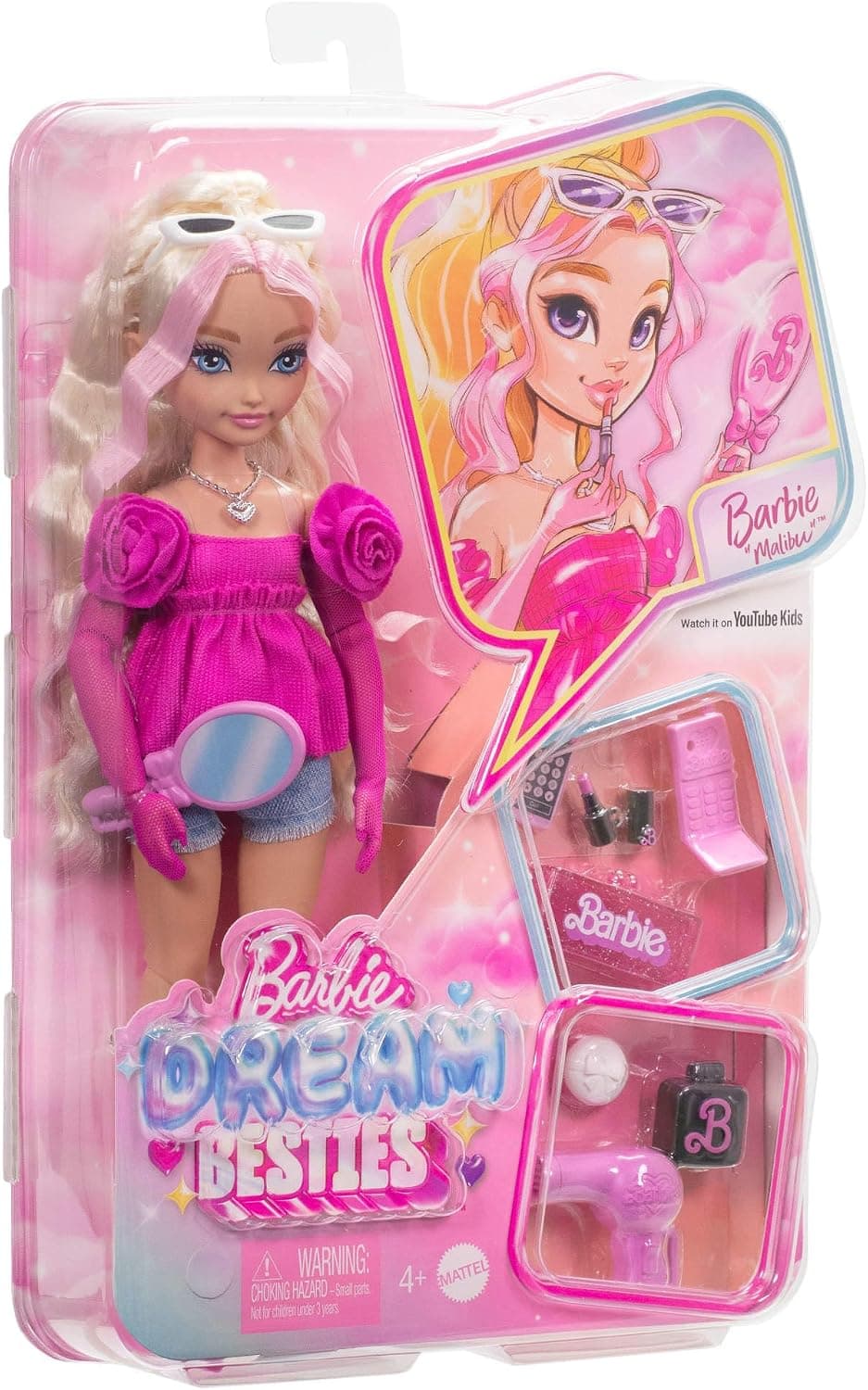 عروسک و لوازم جانبی Barbie Dream Besties متحرک Barbie Malibu با موهای بلوند موجدار و 11 تکه لوازم آرایش و مو مدل HYC21 عروسک و لوازم جانبی Barbie Dream Besties متحرک Barbie Malibu با موهای بلوند موجدار و 11 تکه لوازم آرایش و مو مدل HYC21