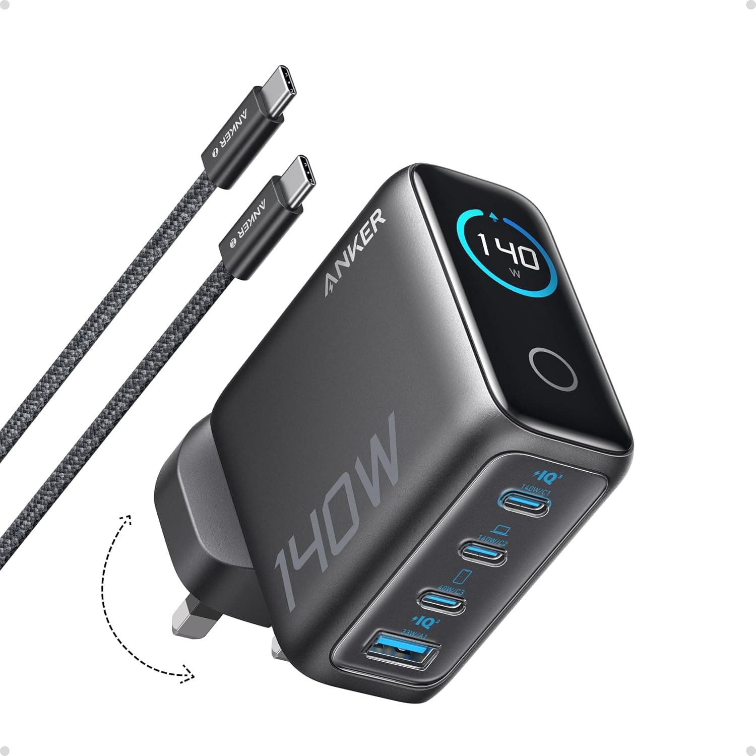 شارژر Anker 140 وات 4 پورت GaN USB-C نمایشگر هوشمند کابل 1.5 متری شارژر Anker 140 وات 4 پورت GaN USB-C نمایشگر هوشمند کابل 1.5 متری