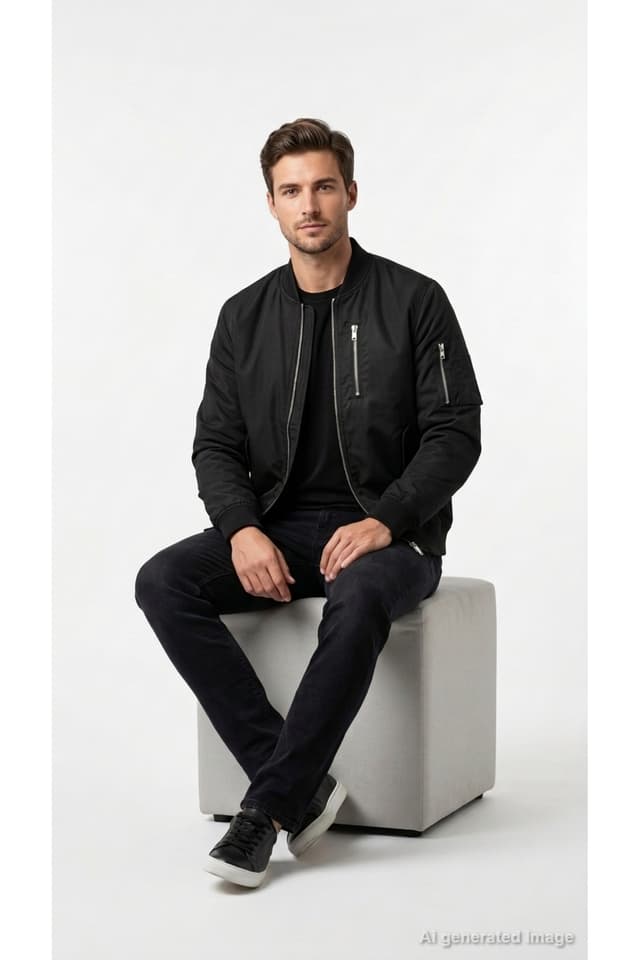 ژاکت مردانه Jack & Jones مشکی CotraceBomber یقه ریب زیپ دار مدل 12301762 ژاکت مردانه Jack & Jones مشکی CotraceBomber یقه ریب زیپ دار مدل 12301762
