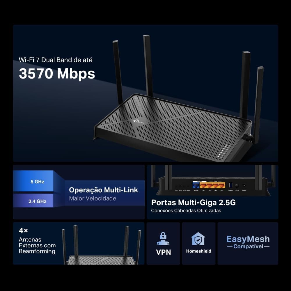 روتر دو بانده Wi-Fi 7 TP-Link با سرعت BE3600 Mbps، پشتیبانی فیبر نوری، VPN، HomeSheild و Easy Mesh، مدل Archer BE230 روتر دو بانده Wi-Fi 7 TP-Link با سرعت BE3600 Mbps، پشتیبانی فیبر نوری، VPN، HomeSheild و Easy Mesh، مدل Archer BE230