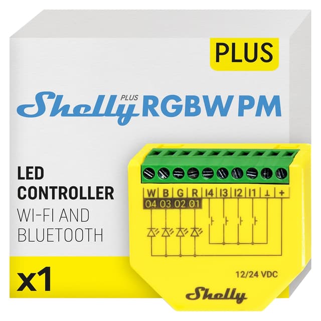 کنترلر نوار LED Shelly Plus RGBW PM با Wi-Fi و Bluetooth، 12-24 VDC کنترلر نوار LED Shelly Plus RGBW PM با Wi-Fi و Bluetooth، 12-24 VDC