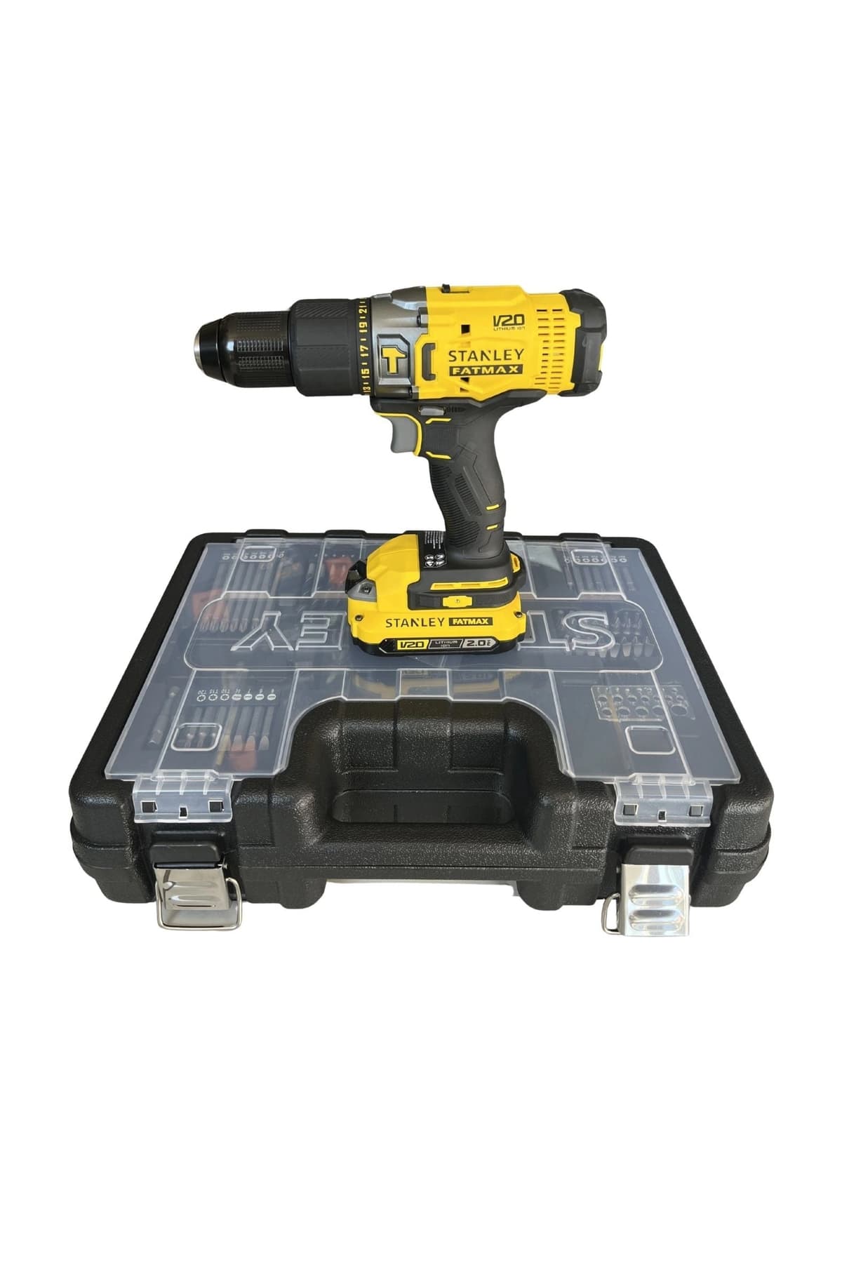کیت دریل چکشی شارژی Stanley Fatmax مدل SCD718D2A با دو باتری 18V V20، 2.0 Ah و 83 قطعه لوازم جانبی کیت دریل چکشی شارژی Stanley Fatmax مدل SCD718D2A با دو باتری 18V V20، 2.0 Ah و 83 قطعه لوازم جانبی