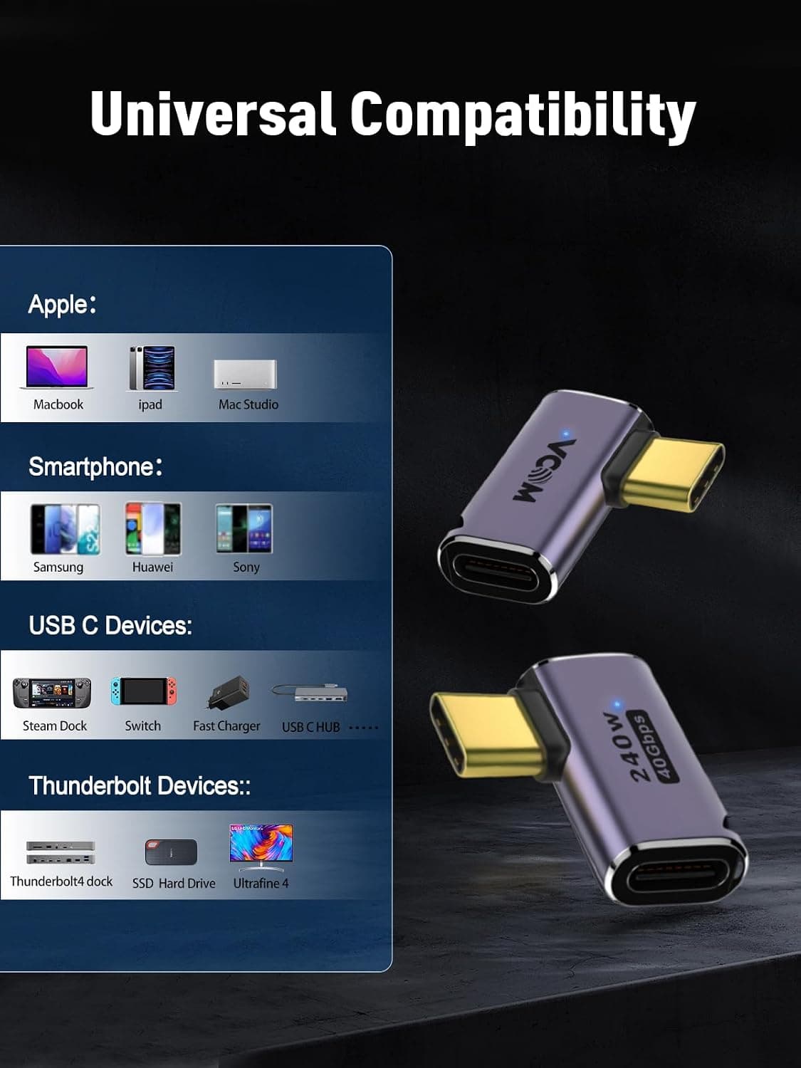 آداپتور USB C نر به ماده VCOM زاویهدار ۹۰ درجه با انتقال داده 40 Gbps، 240 W، بسته 2 عددی آداپتور USB C نر به ماده VCOM زاویهدار ۹۰ درجه با انتقال داده 40 Gbps، 240 W، بسته 2 عددی
