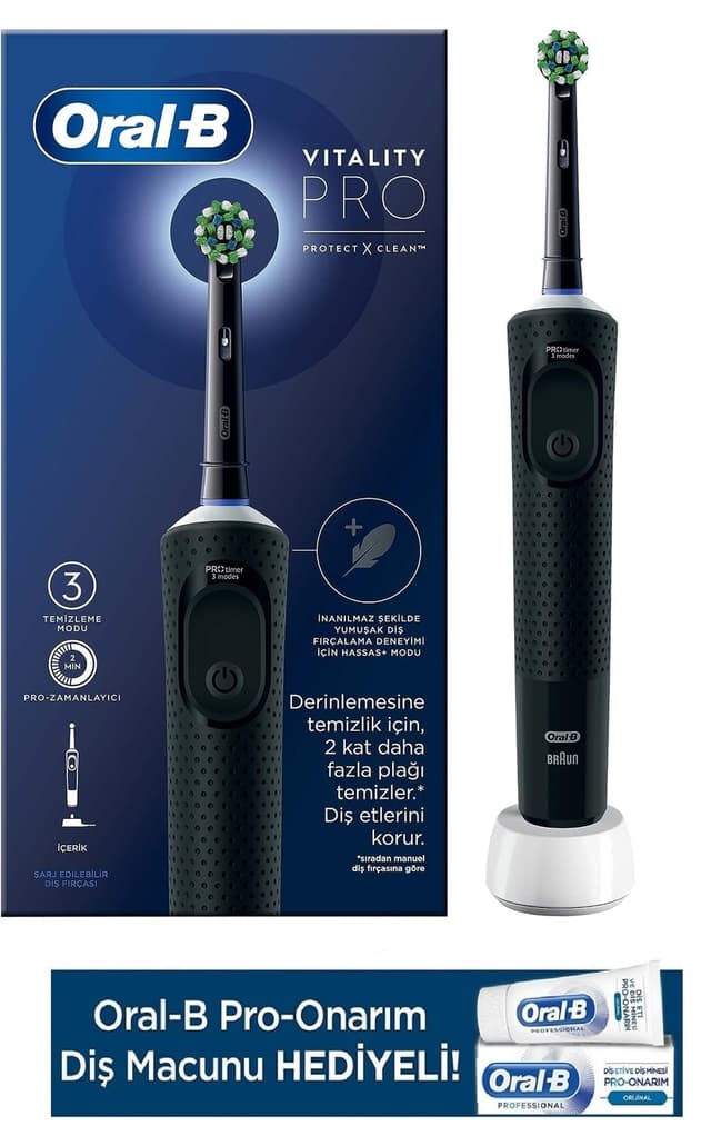 مسواک برقی شارژی مشکی Oral-B مدل Vitality Pro بههمراه خمیردندان Pro Onarım 50ml مسواک برقی شارژی مشکی Oral-B مدل Vitality Pro بههمراه خمیردندان Pro Onarım 50ml