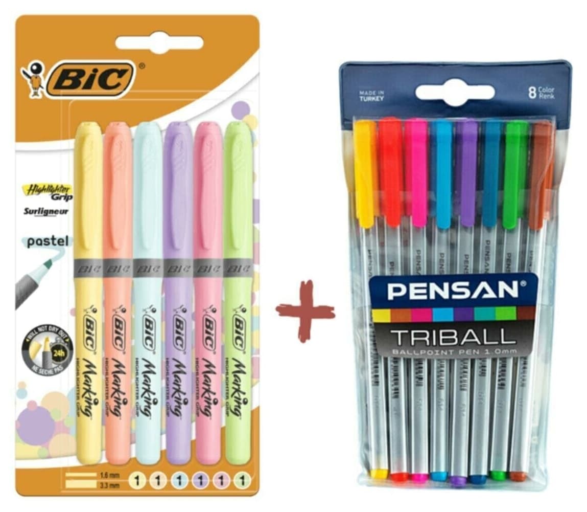 ست خودکار Pensan مدل Triball 8'li واکیومی و هایلایتر Bic 6'li پاستلی فسفری ست خودکار Pensan مدل Triball 8'li واکیومی و هایلایتر Bic 6'li پاستلی فسفری