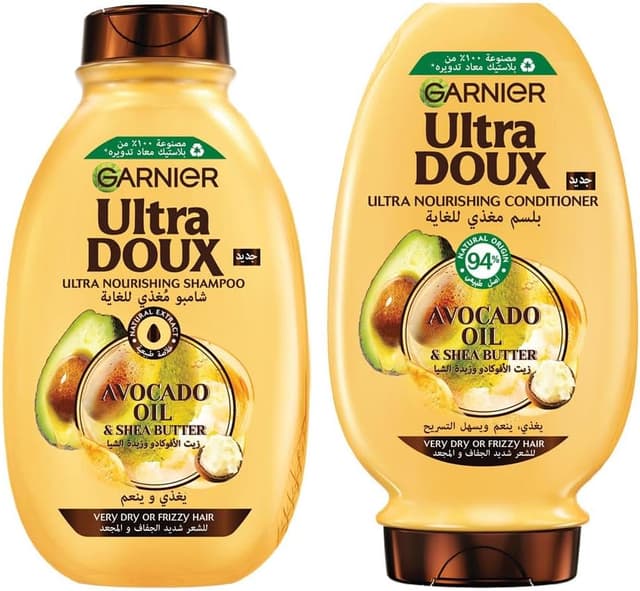 شامپو و نرمکننده مو Garnier Ultra Doux مغذی با روغن آووکادو و کره شی، 400 ml + 360 ml شامپو و نرمکننده مو Garnier Ultra Doux مغذی با روغن آووکادو و کره شی، 400 ml + 360 ml