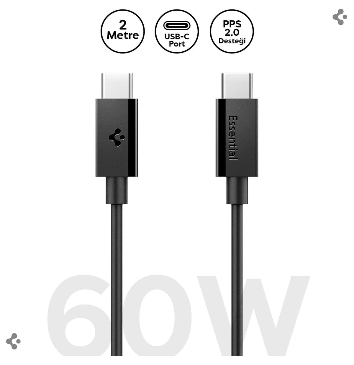 کابل Spigen USB-C به USB-C دو متری 60W مشکی مدل ACA08720 کابل Spigen USB-C به USB-C دو متری 60W مشکی مدل ACA08720