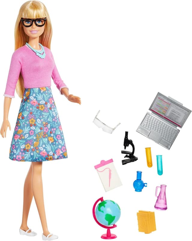 عروسک معلم Barbie بلوند با 10 وسیله آموزشی، کره جغرافیایی چرخان و لپتاپ باز و بستهشو، مناسب 3 تا 7 سال عروسک معلم Barbie بلوند با 10 وسیله آموزشی، کره جغرافیایی چرخان و لپتاپ باز و بستهشو، مناسب 3 تا 7 سال