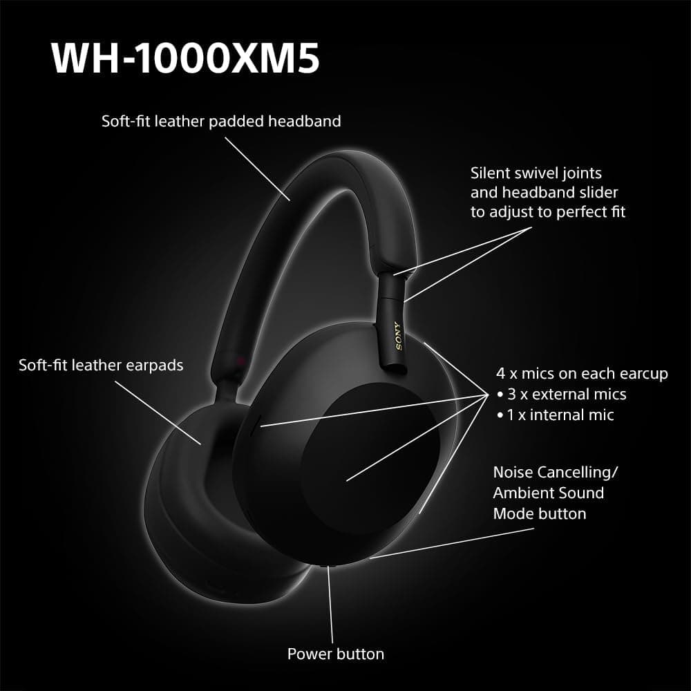هدفون بیسیم Sony روگوشی حذف نویز مشکی مدل WH 1000XM5 هدفون بیسیم Sony روگوشی حذف نویز مشکی مدل WH 1000XM5