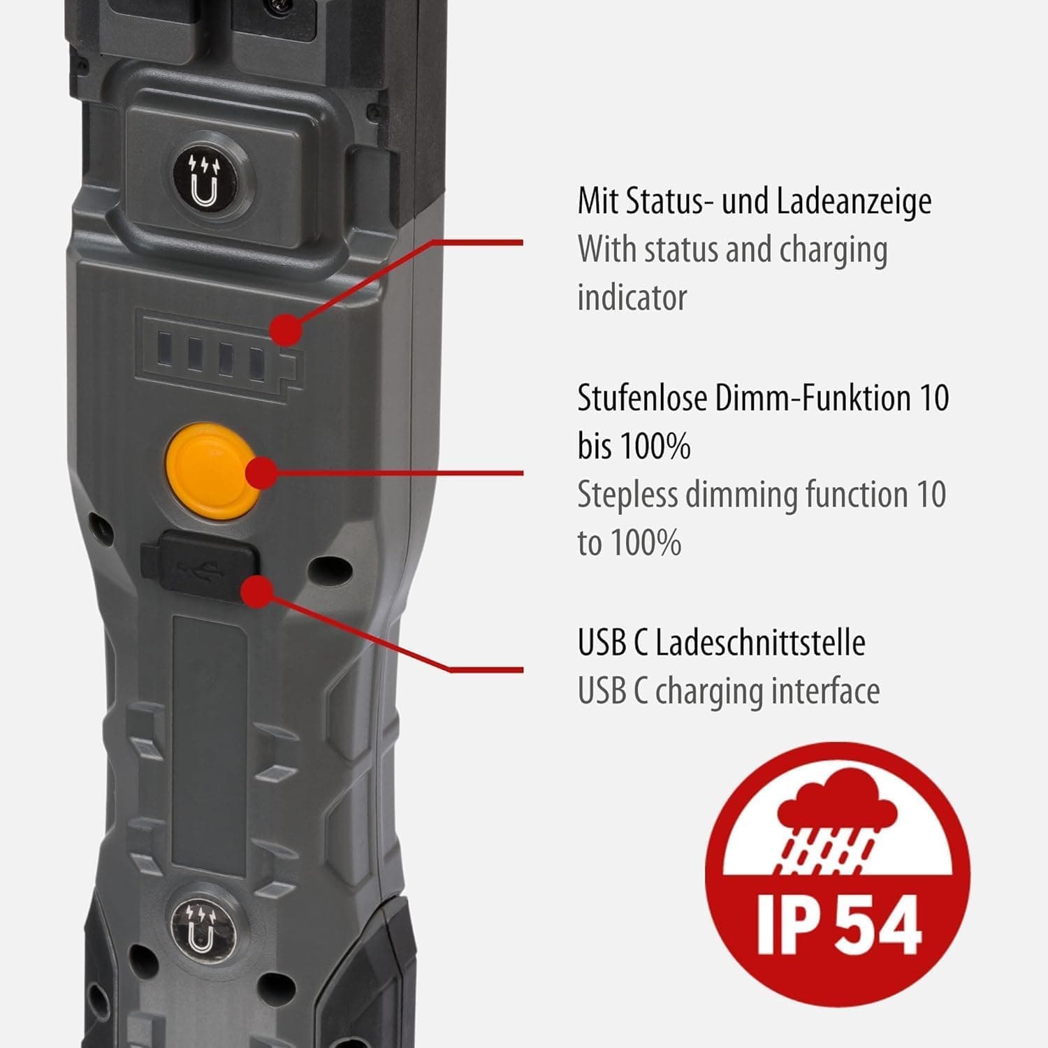 چراغ دستی LED شارژی Brennenstuhl مناسب فضای داخلی و بیرونی، IP54، با آهنربا و قلاب، مشکی، 1000+200lm مدل HL 1000 A چراغ دستی LED شارژی Brennenstuhl مناسب فضای داخلی و بیرونی، IP54، با آهنربا و قلاب، مشکی، 1000+200lm مدل HL 1000 A