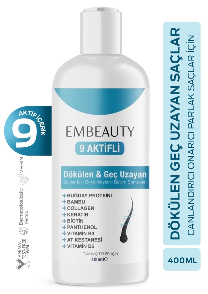 شامپو 9 ماده فعال Embeauty ضدریزش، رشد سریع و ترمیمکننده مو 400 ML شامپو 9 ماده فعال Embeauty ضدریزش، رشد سریع و ترمیمکننده مو 400 ML