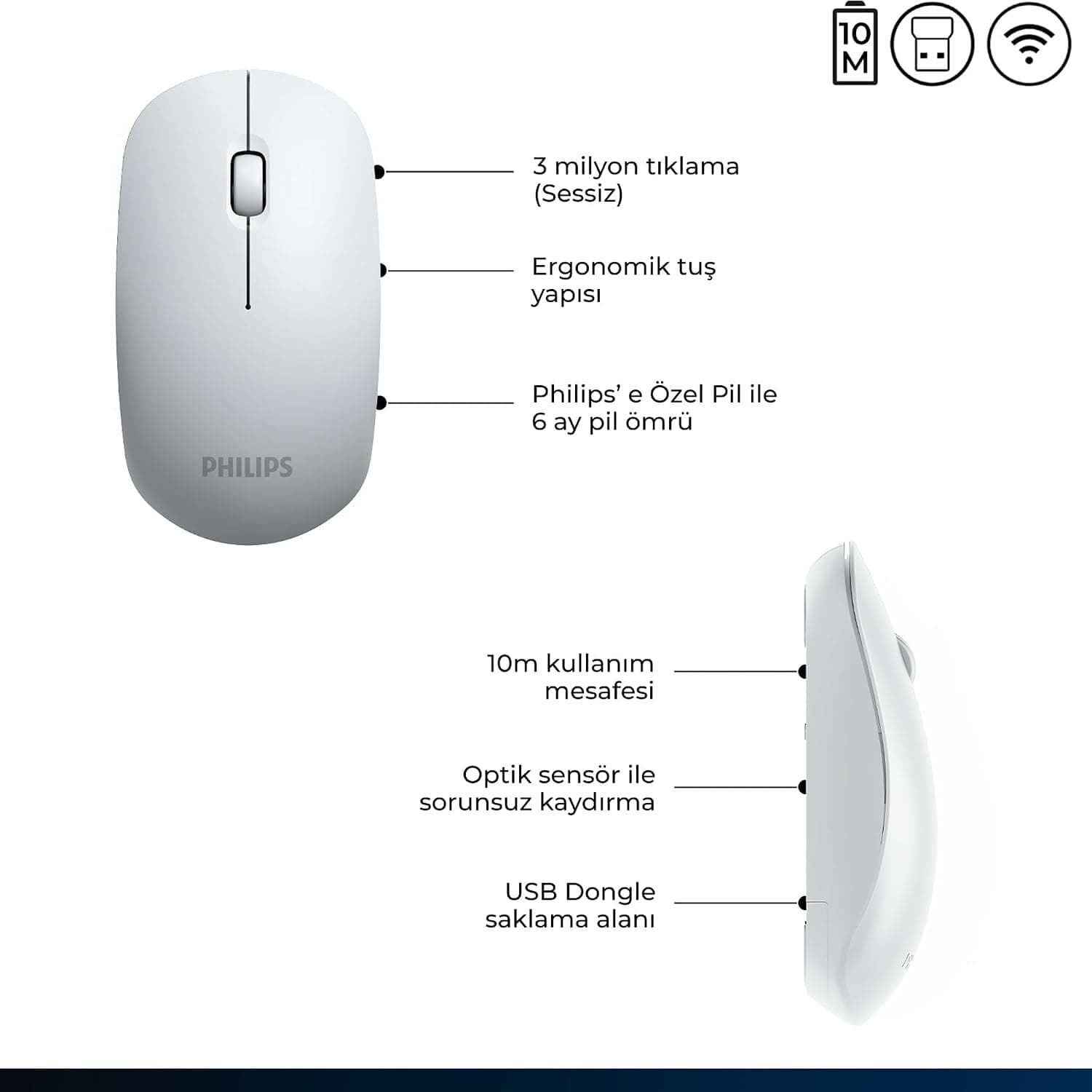 ماوس اپتیکال بیسیم 3 دکمهای PHILIPS سفید 1200DPI مدل SPK7315 ماوس اپتیکال بیسیم 3 دکمهای PHILIPS سفید 1200DPI مدل SPK7315