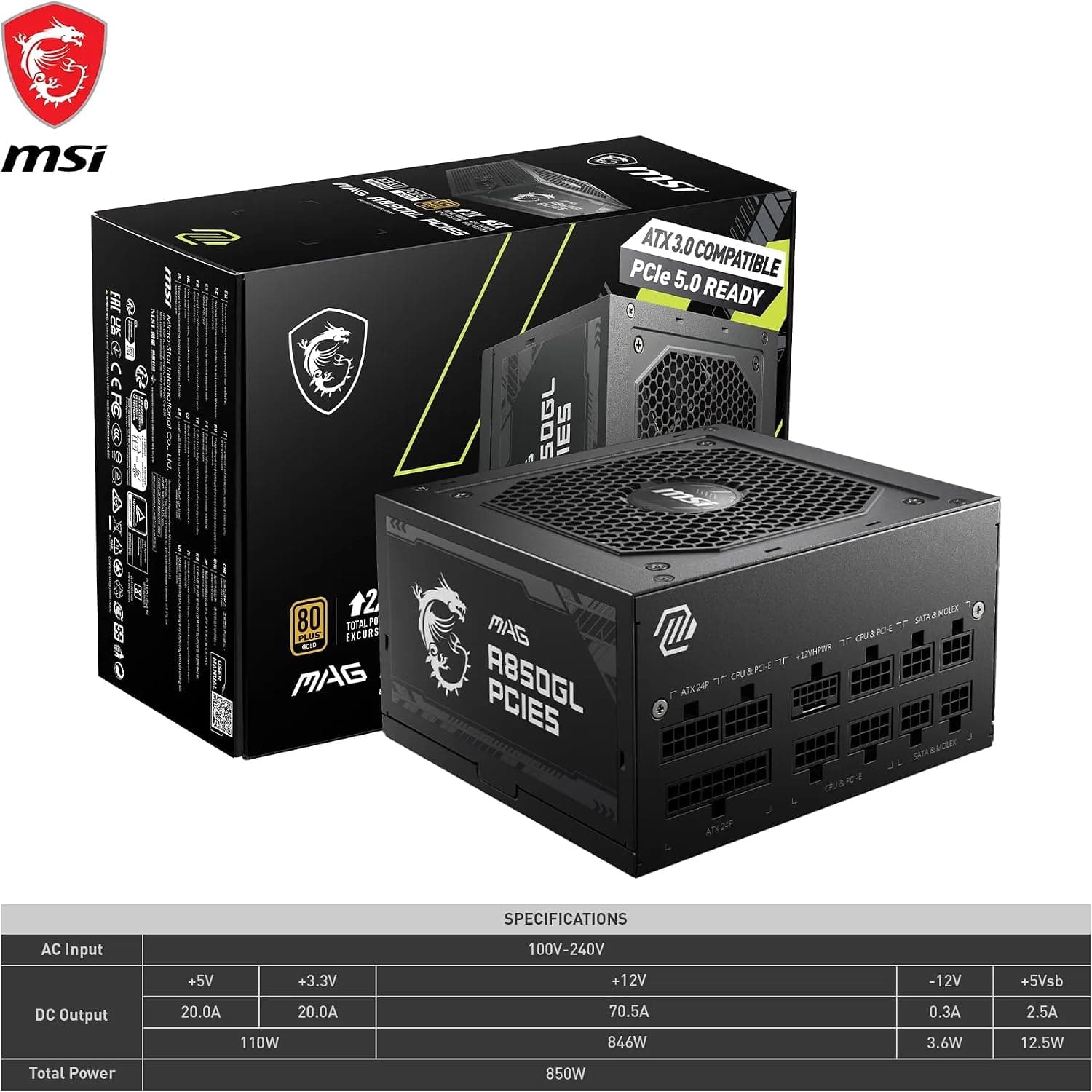 منبع تغذیه گیمینگ MSI تمامماژولار مشکی مدل MAG A850GL PCIe5 850W 80+ Gold منبع تغذیه گیمینگ MSI تمامماژولار مشکی مدل MAG A850GL PCIe5 850W 80+ Gold