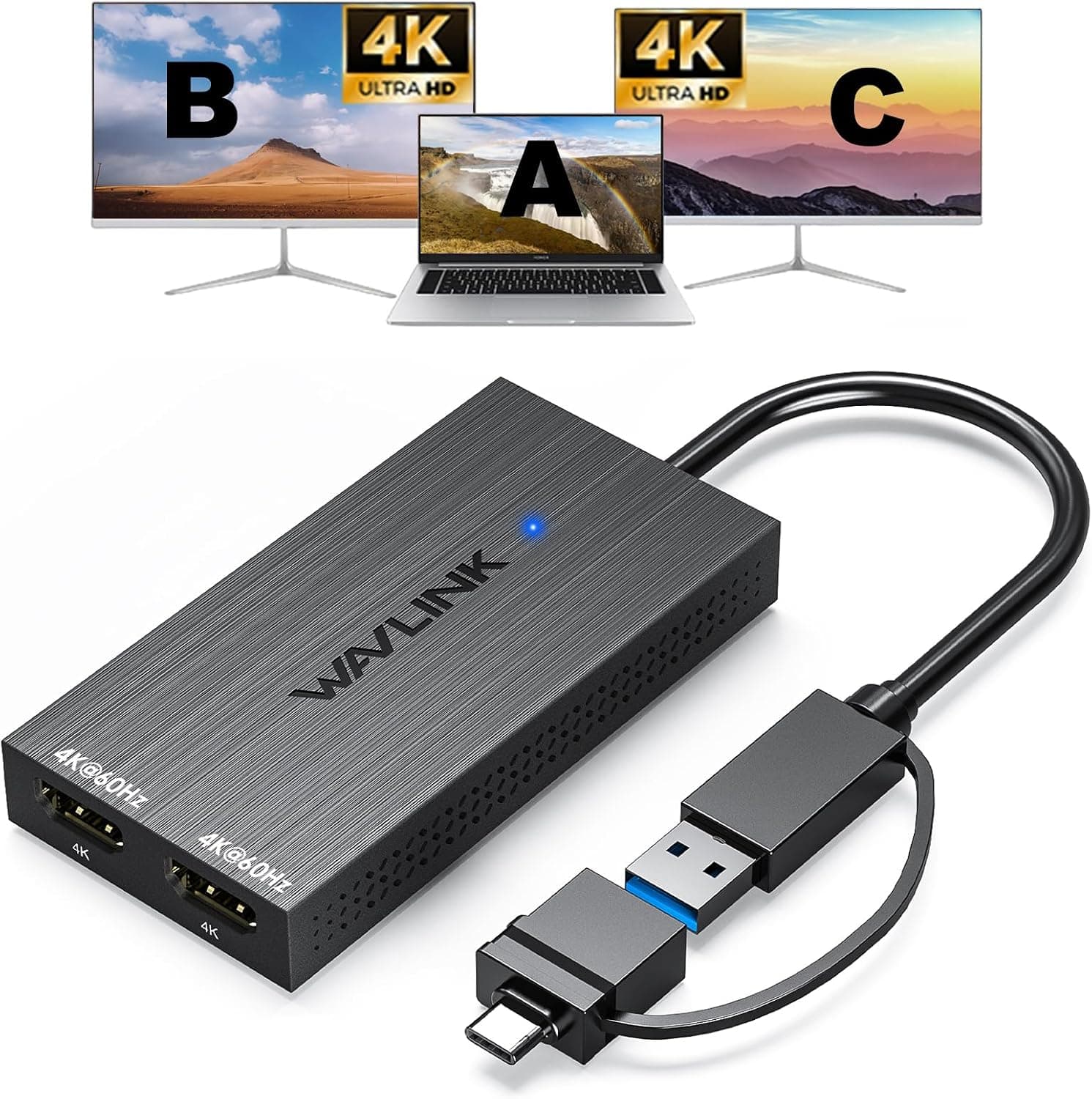 مبدل WAVLINK USB 3.0 A/C به دو HDMI Displaylink با خروجی 4K 60Hz برای دو نمایشگر مبدل WAVLINK USB 3.0 A/C به دو HDMI Displaylink با خروجی 4K 60Hz برای دو نمایشگر