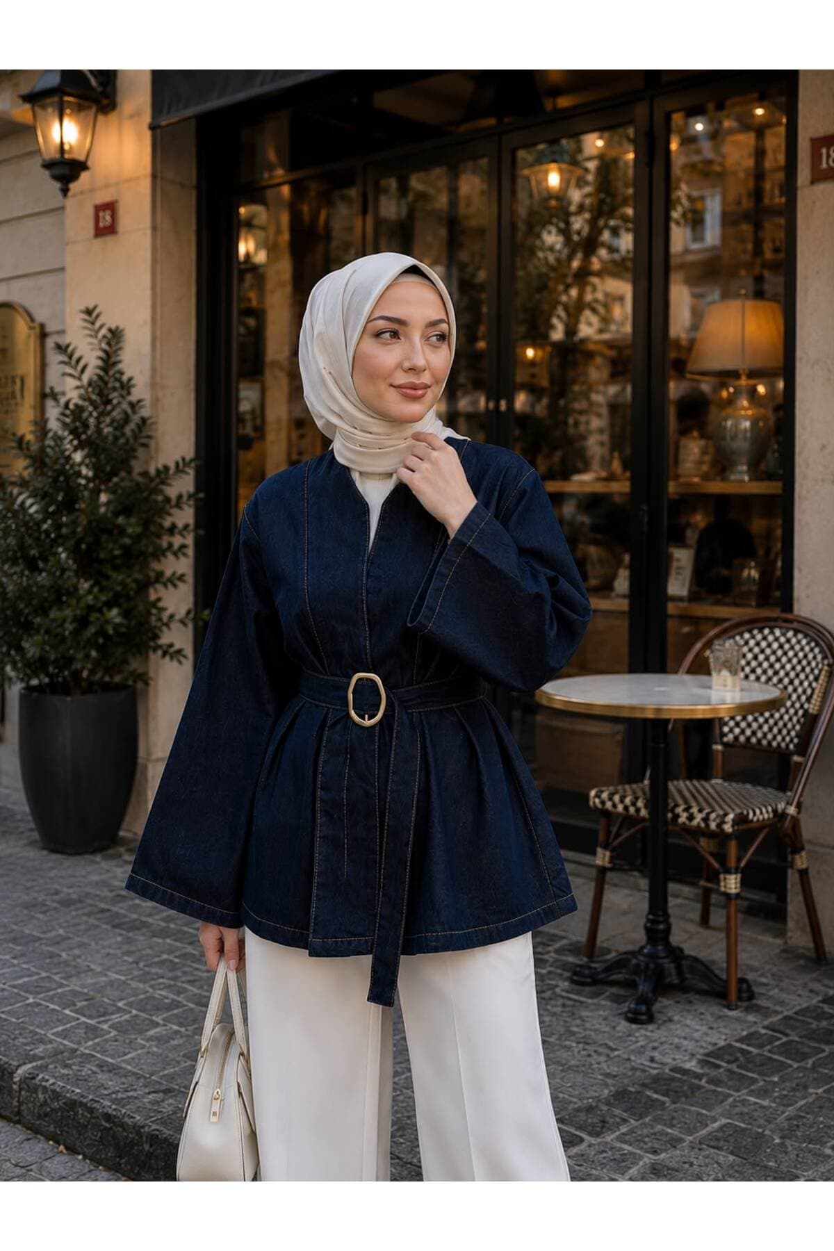 ژاکت دنیم زنانه mega lucky سرمهای تیره کمربنددار ژاکت دنیم زنانه mega lucky سرمهای تیره کمربنددار