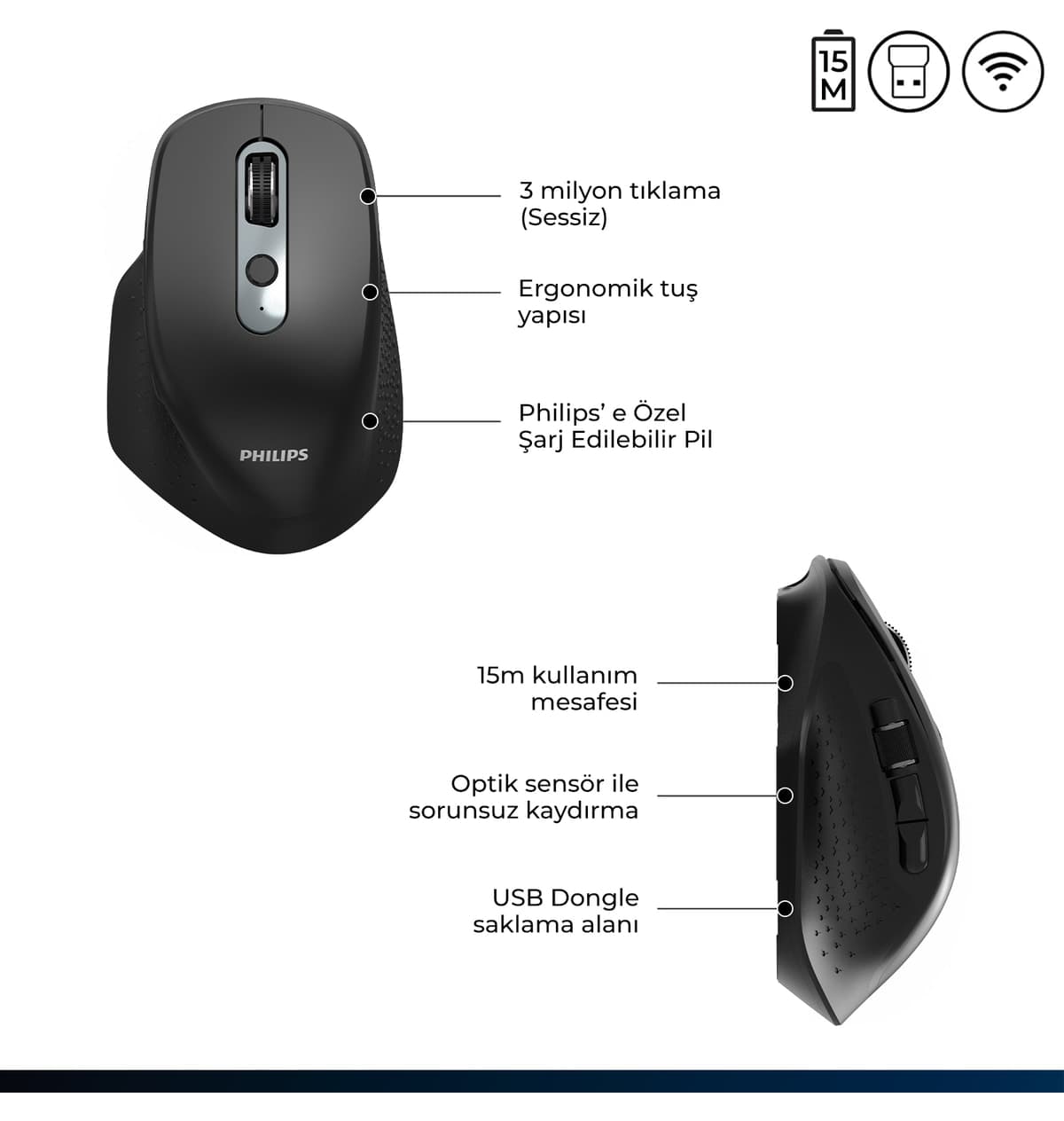 ماوس بیسیم Philips 8 دکمه 3200DPI نوری مشکی مدل SPK7818 ماوس بیسیم Philips 8 دکمه 3200DPI نوری مشکی مدل SPK7818