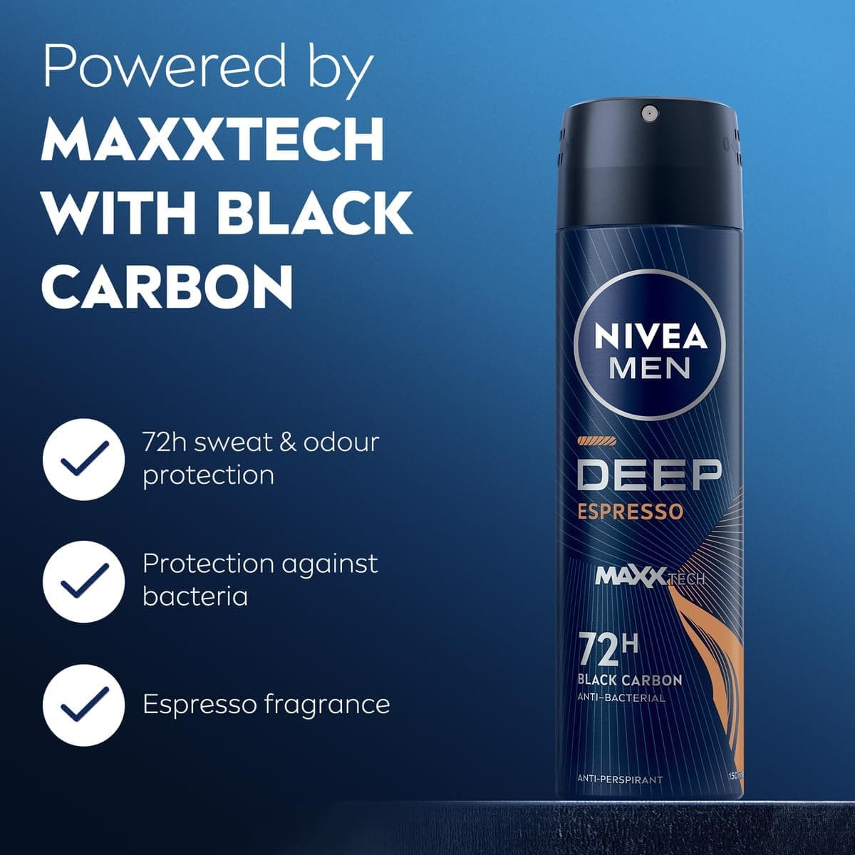 اسپری ضدتعریق مردانه NIVEA با محافظت 72h، DEEP Black Carbon آنتیباکتریال با رایحه اسپرسو 2x150ml اسپری ضدتعریق مردانه NIVEA با محافظت 72h، DEEP Black Carbon آنتیباکتریال با رایحه اسپرسو 2x150ml