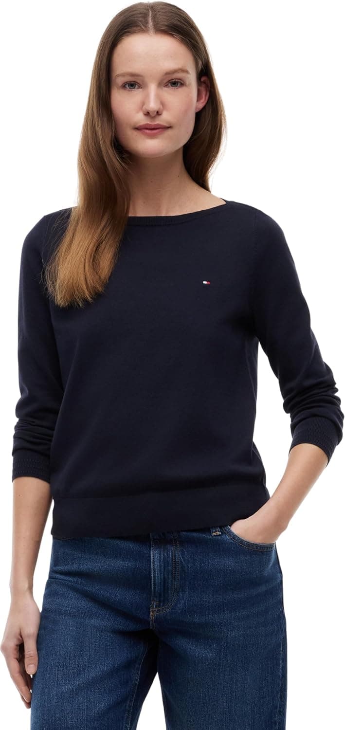 پلیور زنانه Tommy Hilfiger نخی بافت جرسی یقه قایقی پلیور زنانه Tommy Hilfiger نخی بافت جرسی یقه قایقی