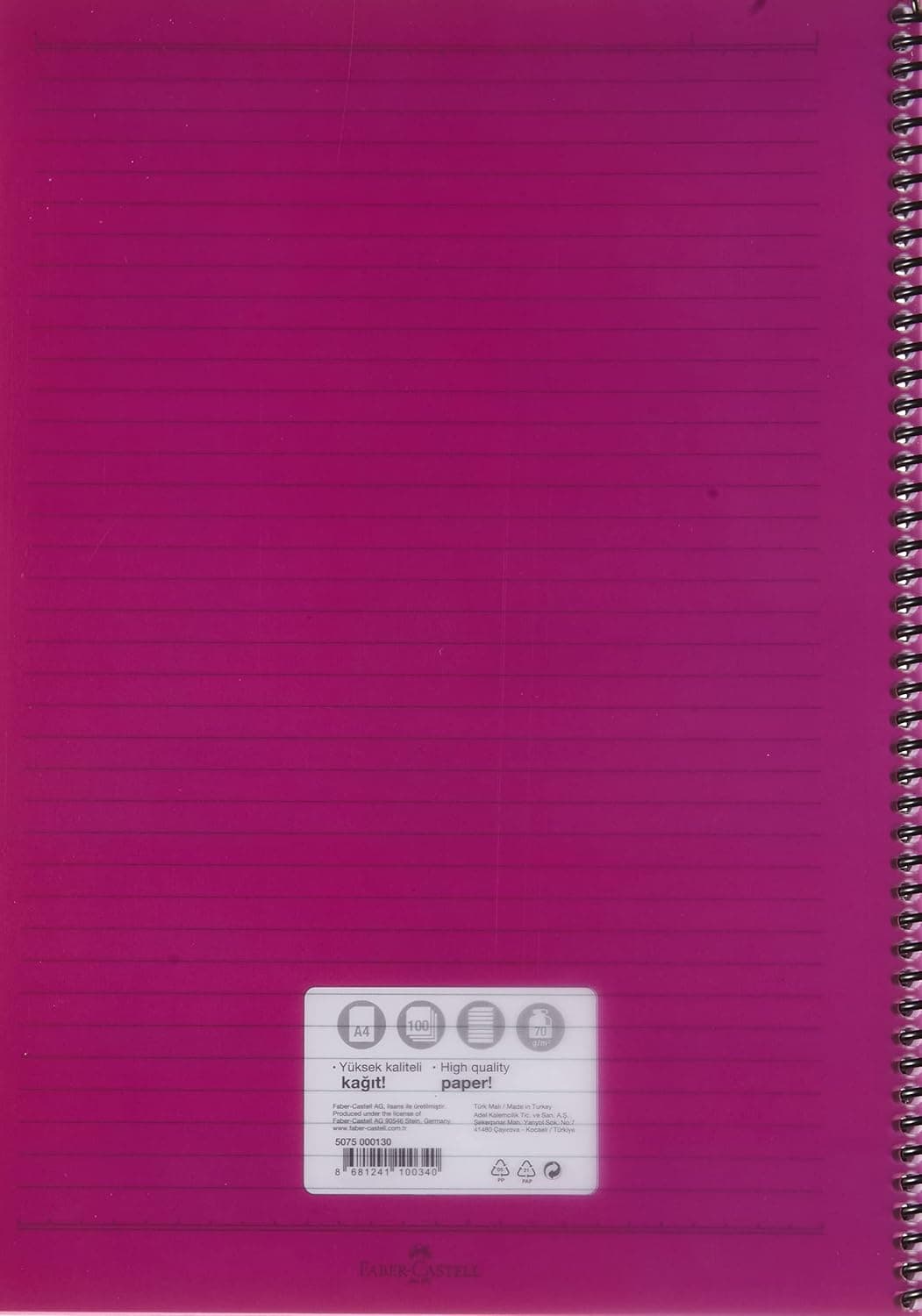 دفتر سیمی Faber-Castell، 100 برگ، کاغذ 70g، A4، خطدار، جلد PP با ضخامت 500 Mikron، رنگهای متنوع دفتر سیمی Faber-Castell، 100 برگ، کاغذ 70g، A4، خطدار، جلد PP با ضخامت 500 Mikron، رنگهای متنوع