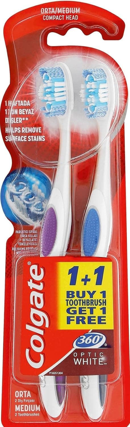 مسواک سفیدکننده متوسط Colgate 360 Optik Beyaz با پاککننده زبان و گونه 1+1 مسواک سفیدکننده متوسط Colgate 360 Optik Beyaz با پاککننده زبان و گونه 1+1