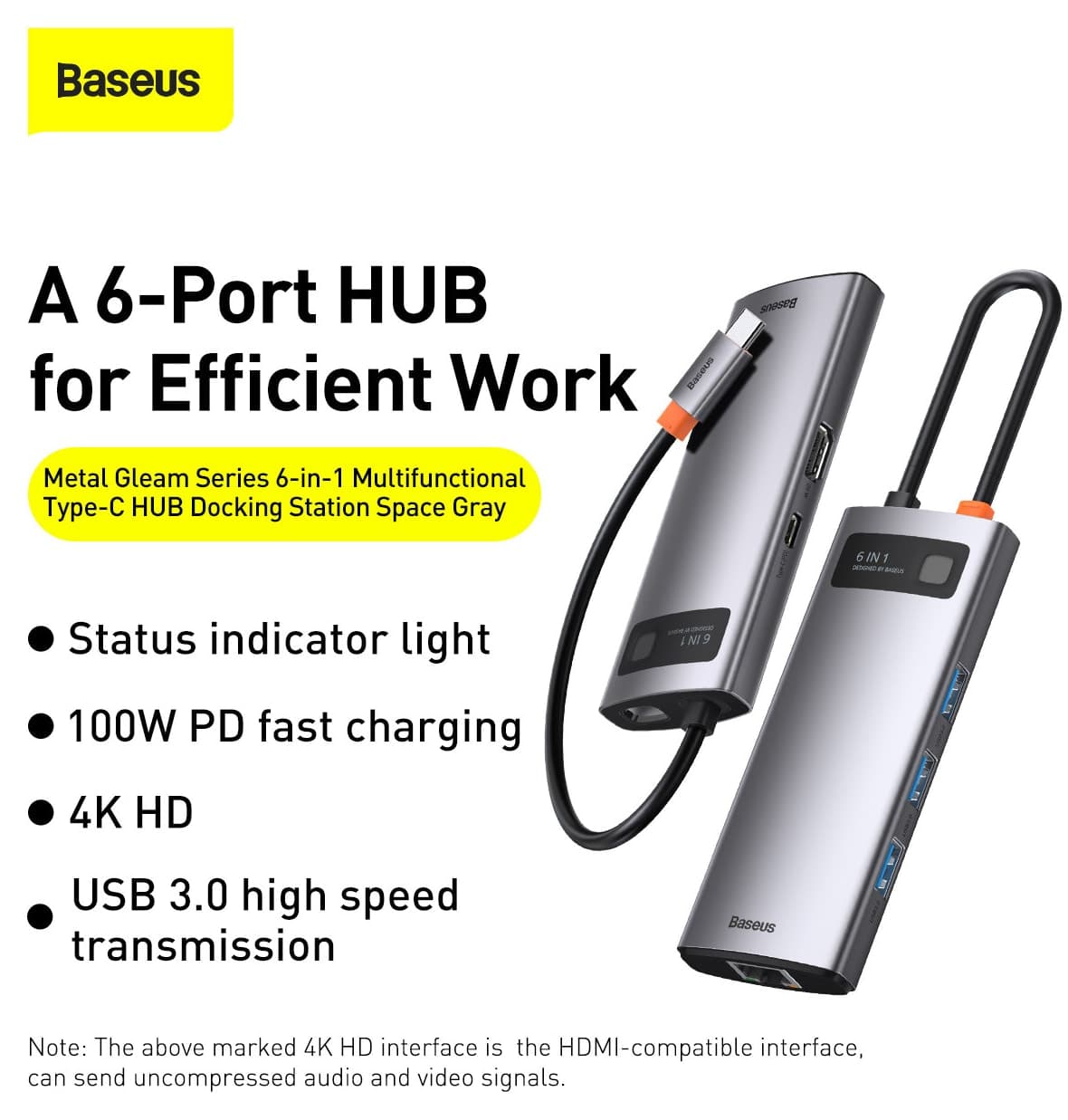 هاب Baseus سری Metal Gleam 6in1 Type-c مدل Cahub-cw0g هاب Baseus سری Metal Gleam 6in1 Type-c مدل Cahub-cw0g