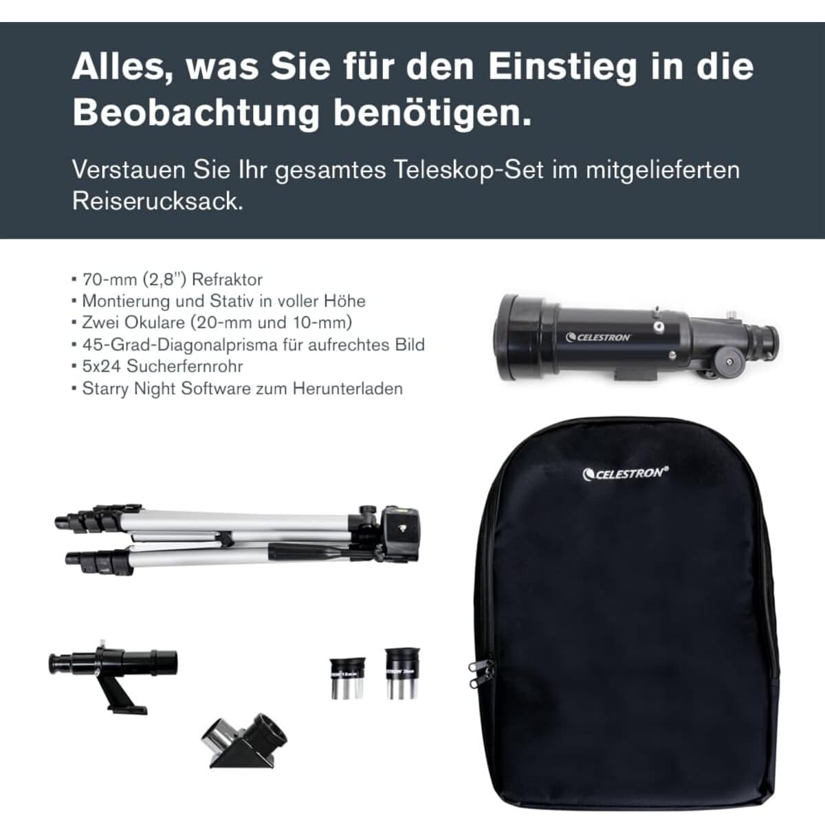 تلسکوپ انکساری قابل حمل Celestron Travel Scope 70 ست همراه با کوله پشتی مشکی مدل 21035 تلسکوپ انکساری قابل حمل Celestron Travel Scope 70 ست همراه با کوله پشتی مشکی مدل 21035