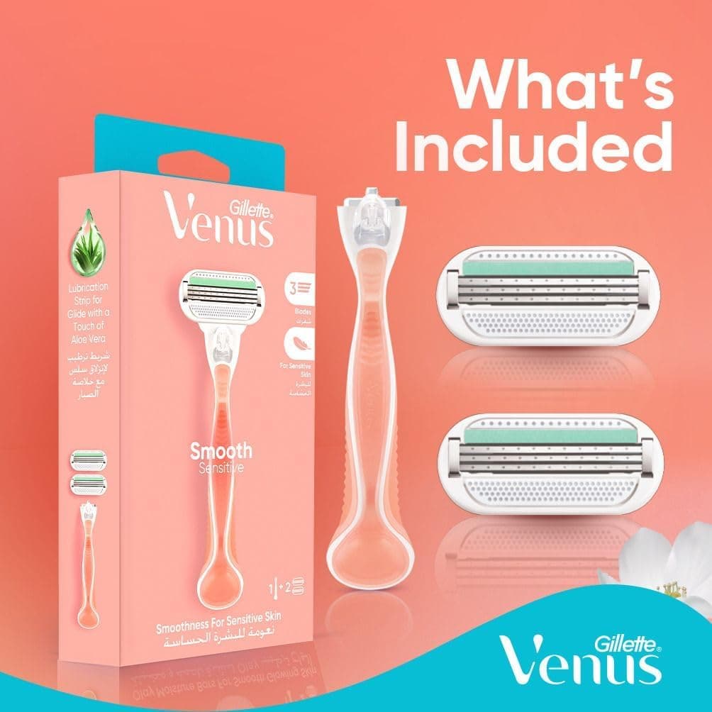 تیغ اصلاح زنانه Gillette Venus Smooth Sensitive قابل تعویض با 1 دسته و 2 تیغ یدکی تیغ اصلاح زنانه Gillette Venus Smooth Sensitive قابل تعویض با 1 دسته و 2 تیغ یدکی
