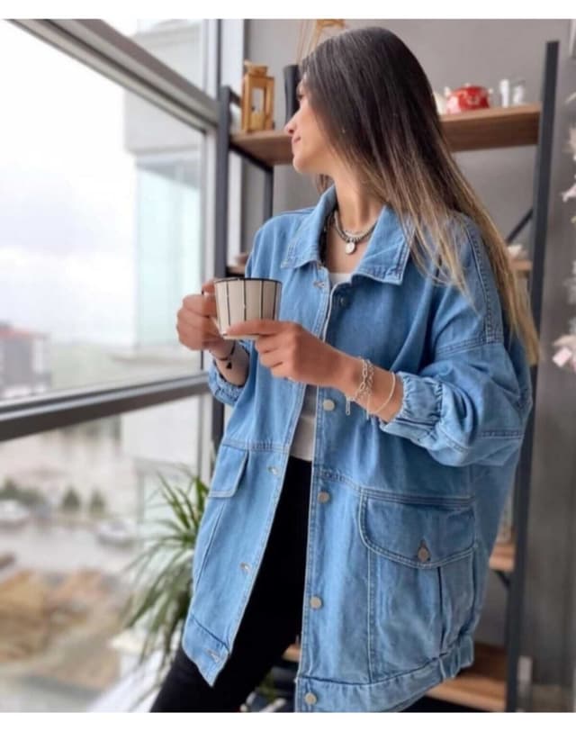 ژاکت جین زنانه ozzıy34 آبی اورسایز ژاکت جین زنانه ozzıy34 آبی اورسایز