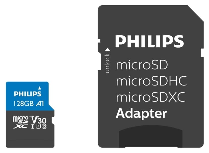 کارت حافظه microSDXC Philips Ultra Pro با ظرفیت 128 Gb، UHS-I U3 Class 10 V30 و آداپتور SD کارت حافظه microSDXC Philips Ultra Pro با ظرفیت 128 Gb، UHS-I U3 Class 10 V30 و آداپتور SD