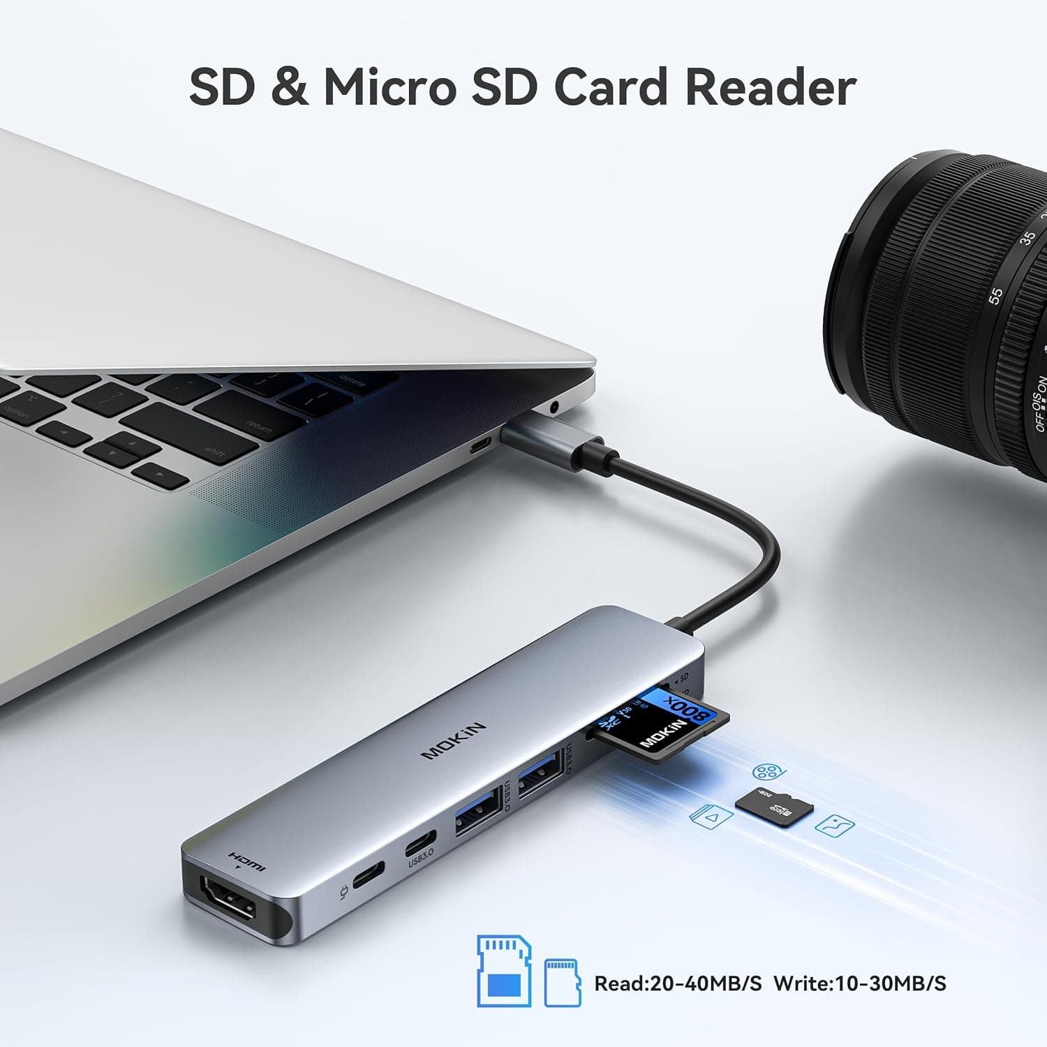 آداپتور MOKiN USB-C به HDMI، کارتخوان SD/MicroSD و ۲ پورت USB 3.0 خاکستری فضایی آداپتور MOKiN USB-C به HDMI، کارتخوان SD/MicroSD و ۲ پورت USB 3.0 خاکستری فضایی