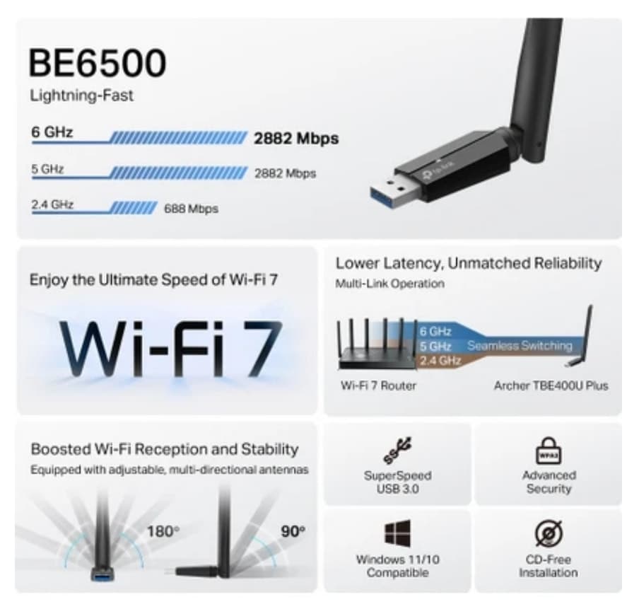 آداپتور USB بیسیم Tp-Link سهباند BE6500 Wi-Fi 7 مدل Archer TBE400U Plus آداپتور USB بیسیم Tp-Link سهباند BE6500 Wi-Fi 7 مدل Archer TBE400U Plus