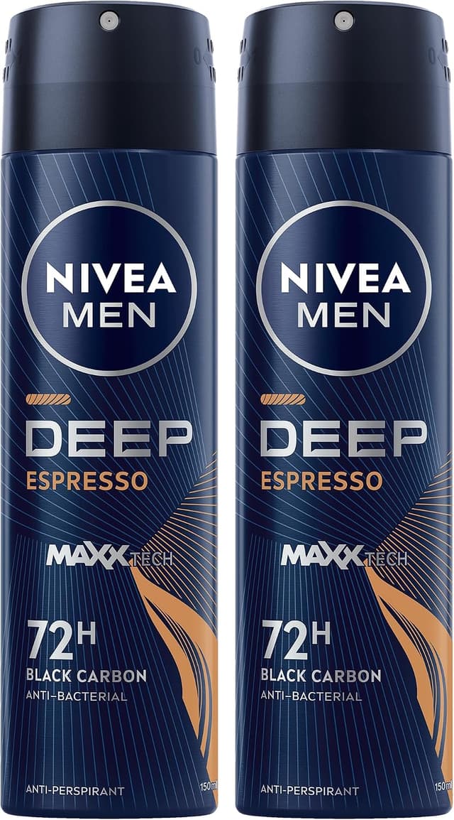 اسپری ضدتعریق مردانه NIVEA با محافظت 72h، DEEP Black Carbon آنتیباکتریال با رایحه اسپرسو 2x150ml اسپری ضدتعریق مردانه NIVEA با محافظت 72h، DEEP Black Carbon آنتیباکتریال با رایحه اسپرسو 2x150ml