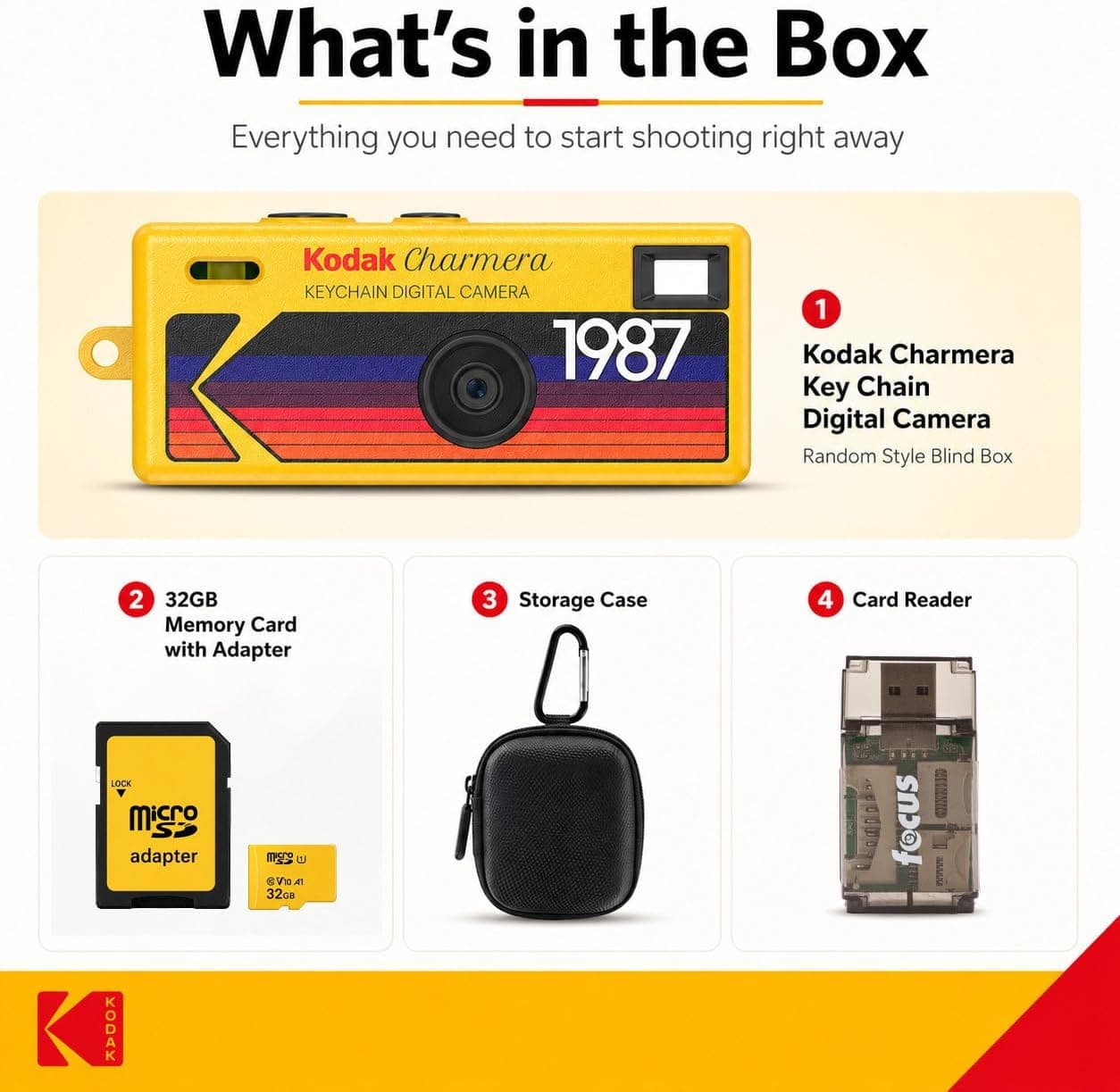 دوربین دیجیتال جاکلیدی KODAK Charmera با کارت حافظه 32 GB، کارتخوان و کیف، مجموعه 4 تکه دوربین دیجیتال جاکلیدی KODAK Charmera با کارت حافظه 32 GB، کارتخوان و کیف، مجموعه 4 تکه