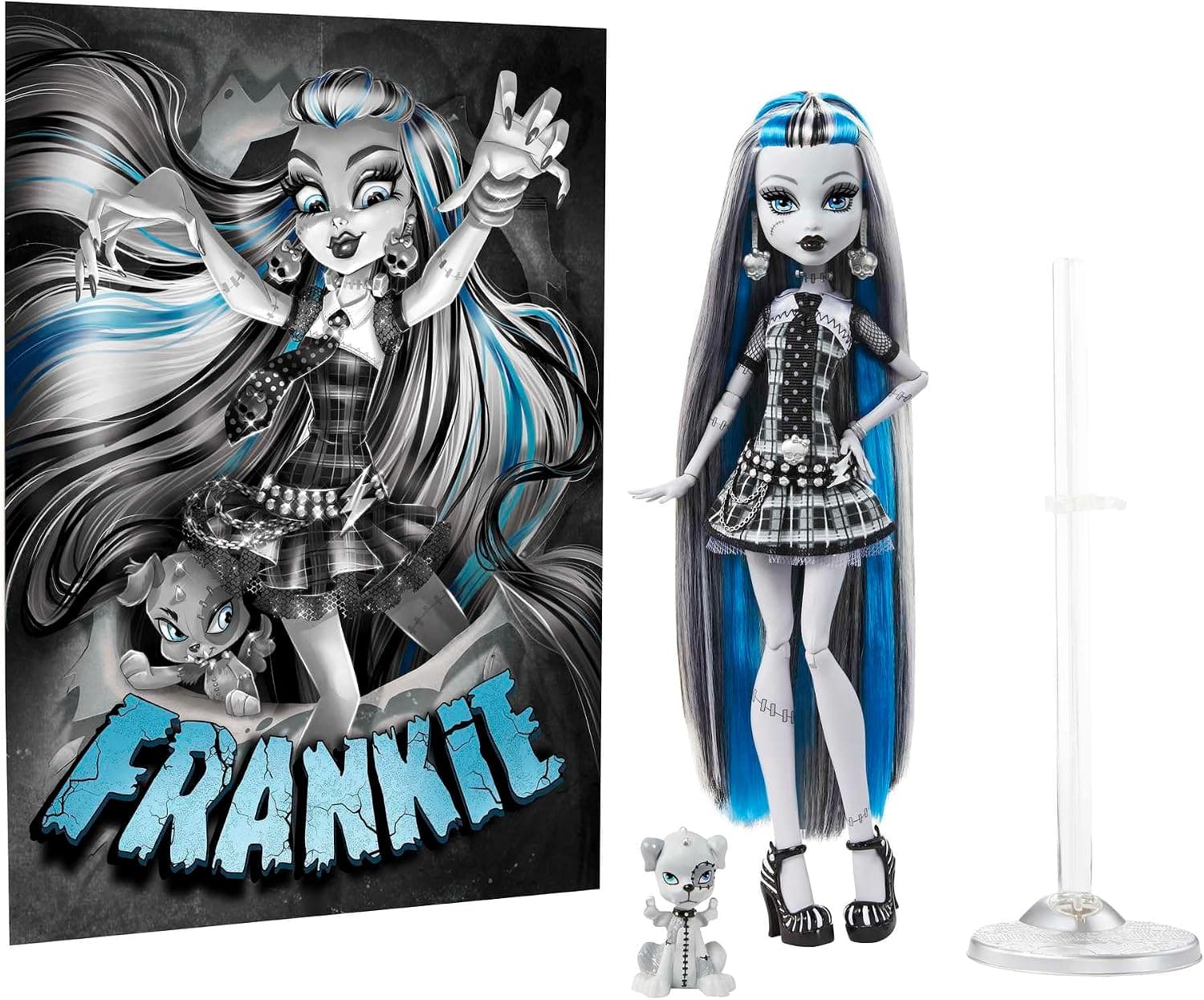 عروسک کلکسیونی Monster High Frankie Stein مدل Reel Drama سیاهوسفید با پوسترهای هماندازه عروسک و واقعی عروسک کلکسیونی Monster High Frankie Stein مدل Reel Drama سیاهوسفید با پوسترهای هماندازه عروسک و واقعی