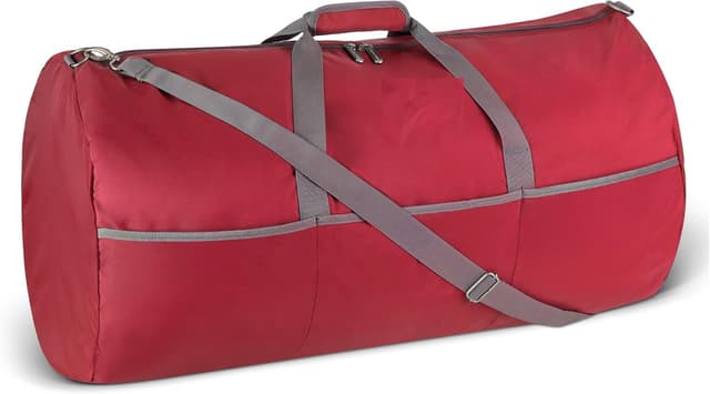ساک دافل سفری و نگهداری نایلونی تاشو Amazon Essentials با جیب زیپدار، قرمز، 150L، ظرفیت 50-LBS ساک دافل سفری و نگهداری نایلونی تاشو Amazon Essentials با جیب زیپدار، قرمز، 150L، ظرفیت 50-LBS