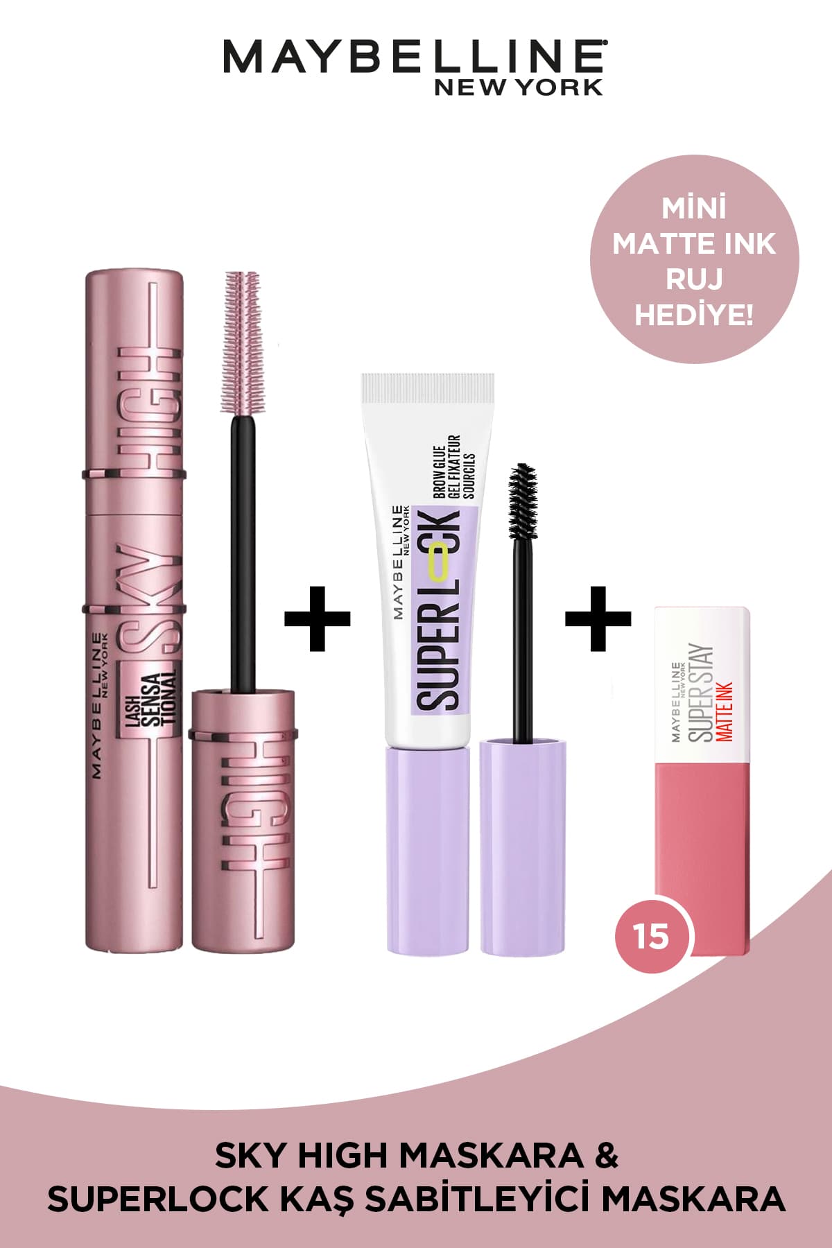 ست ریمل، فیکسکننده ابرو و رژلب Maybelline New York مدل Sky High، Super Lock و Matte Ink 15 Mini ست ریمل، فیکسکننده ابرو و رژلب Maybelline New York مدل Sky High، Super Lock و Matte Ink 15 Mini