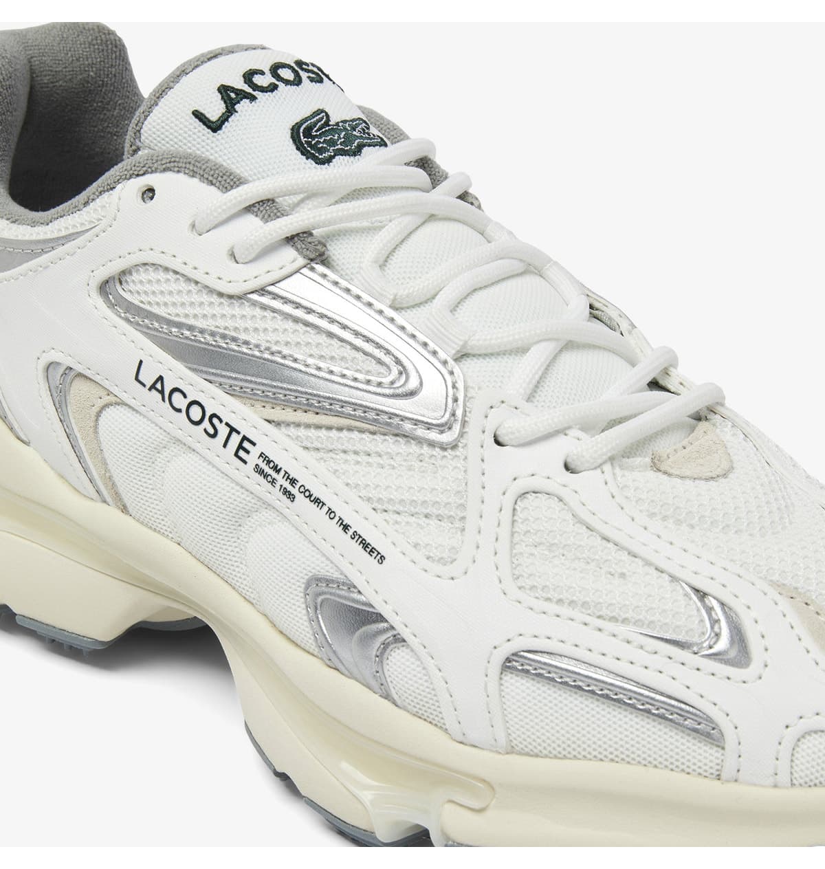 کفش اسنیکر مردانه Lacoste سفید خاکستری مدل L003 2K24 کفش اسنیکر مردانه Lacoste سفید خاکستری مدل L003 2K24