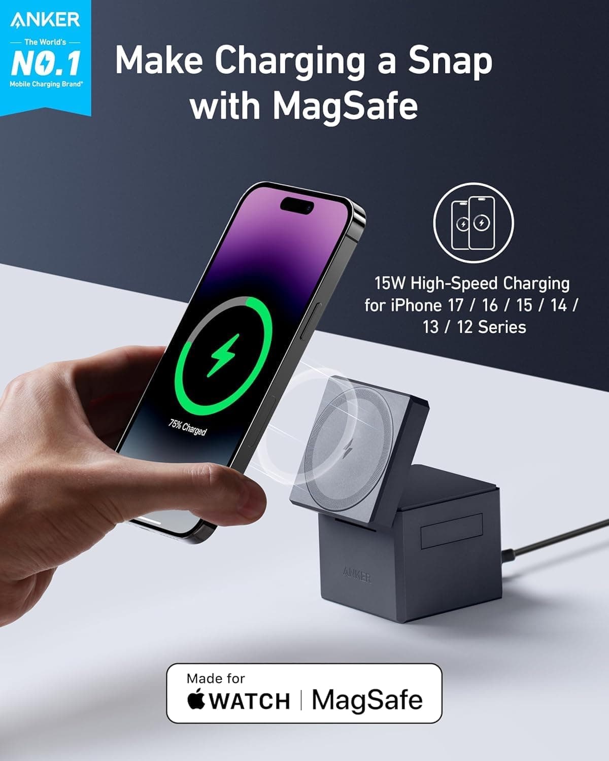 پایه شارژ وایرلس Anker با MagSafe سهکاره تاشو ۱۵ وات مدل Cube پایه شارژ وایرلس Anker با MagSafe سهکاره تاشو ۱۵ وات مدل Cube