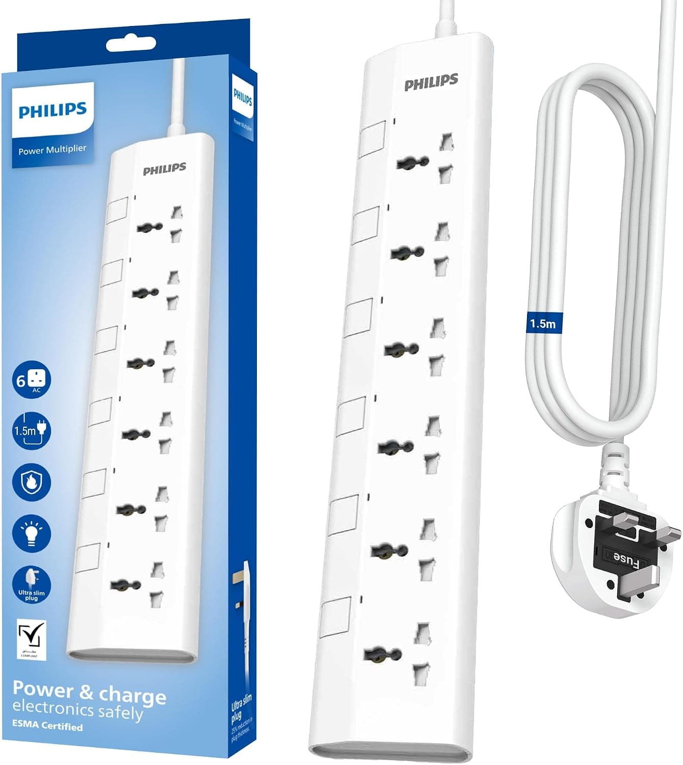 چندراهی برق یونیورسال ۶ خانه PHILIPS با کلیدهای مجزا و کابل 3M، مدل 6UV-3m چندراهی برق یونیورسال ۶ خانه PHILIPS با کلیدهای مجزا و کابل 3M، مدل 6UV-3m